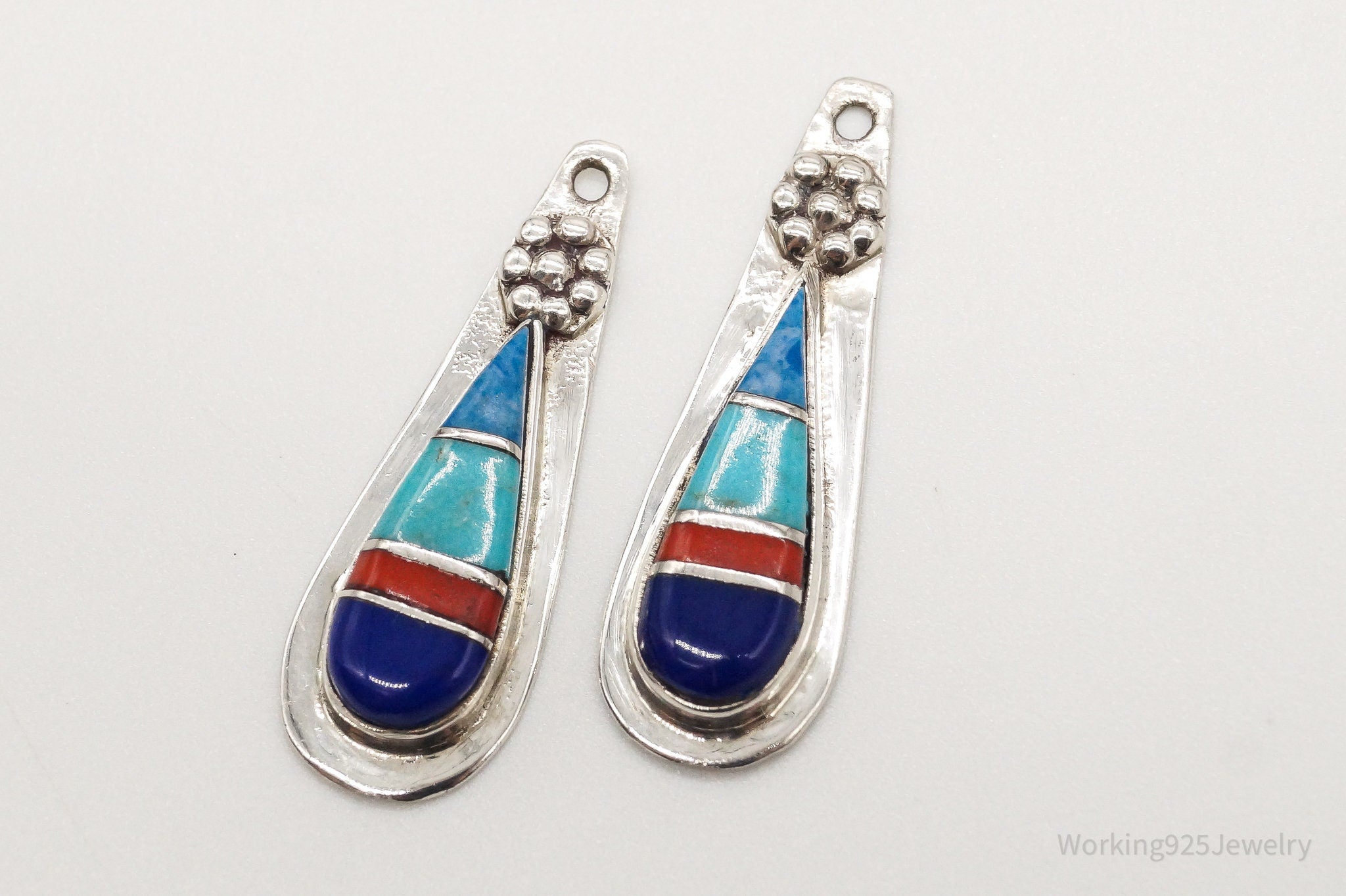 VTG Native American Turquoise Lapis Lazuli Coral Sterling Silver Earring Jackets