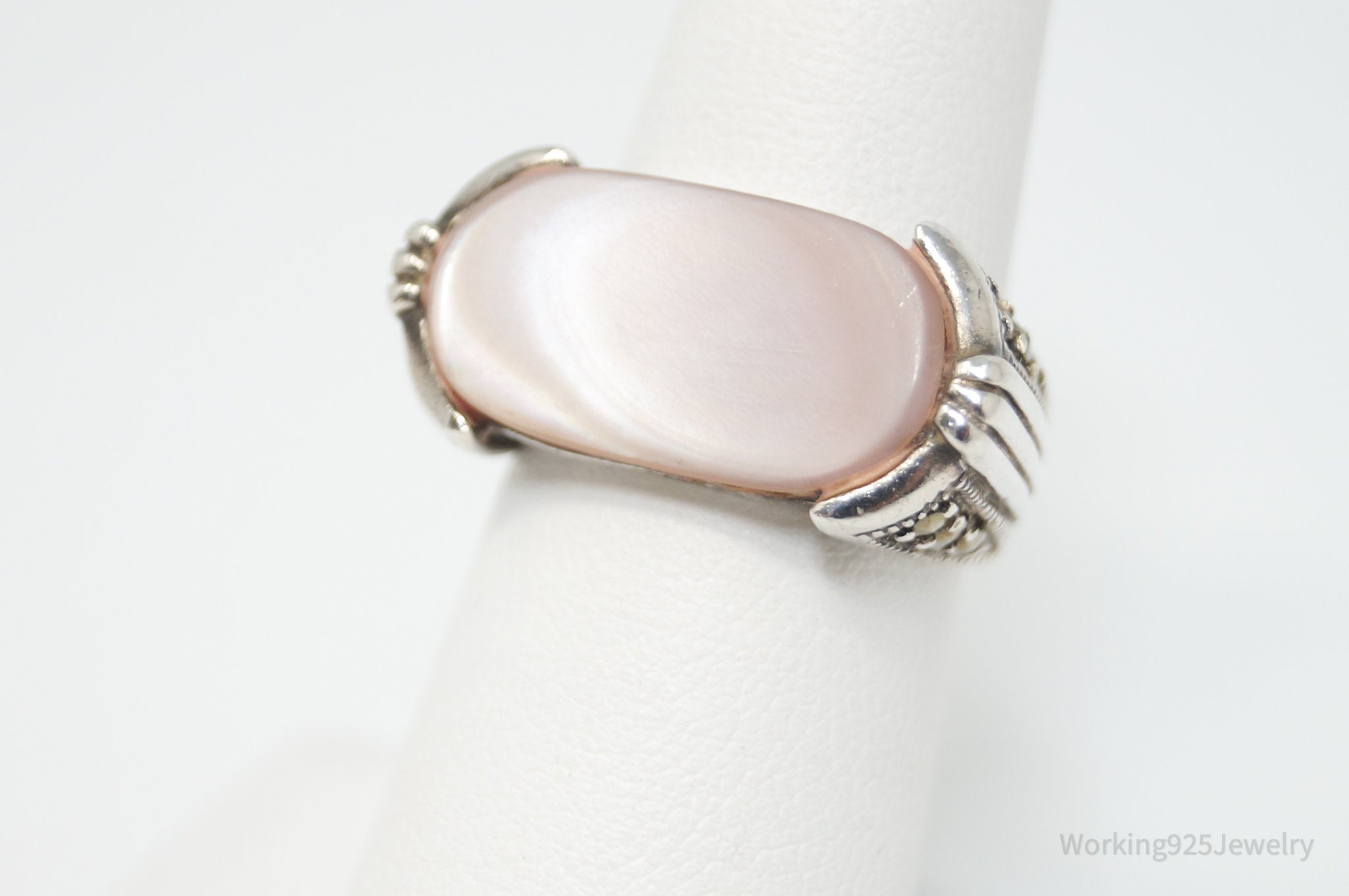 Vintage Pink Mother Of Pearl Marcasite Sterling Silver Statement Ring - Sz 6.5