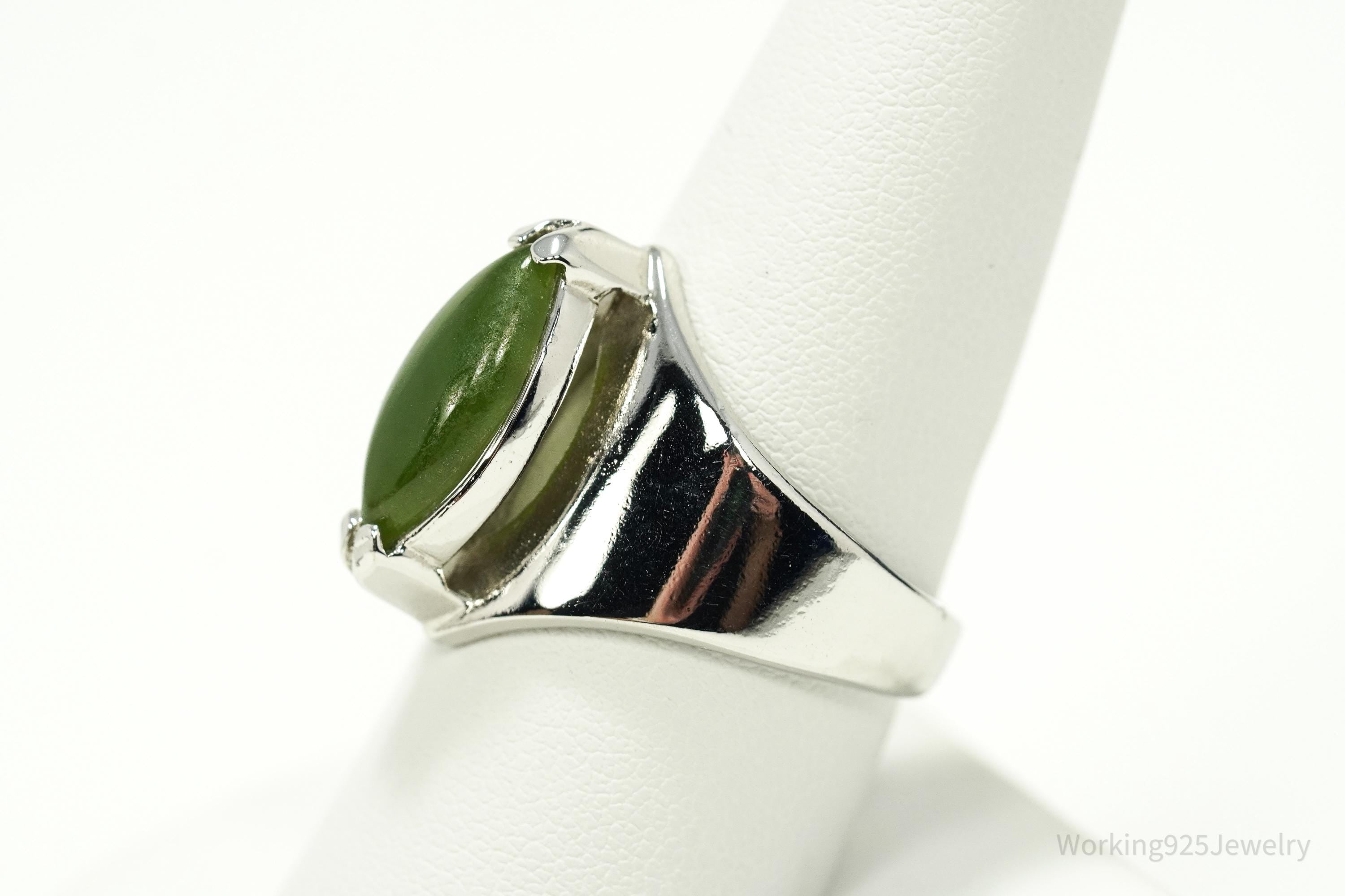 Vintage Nephrite Jade Sterling Silver Ring - Size 9.5