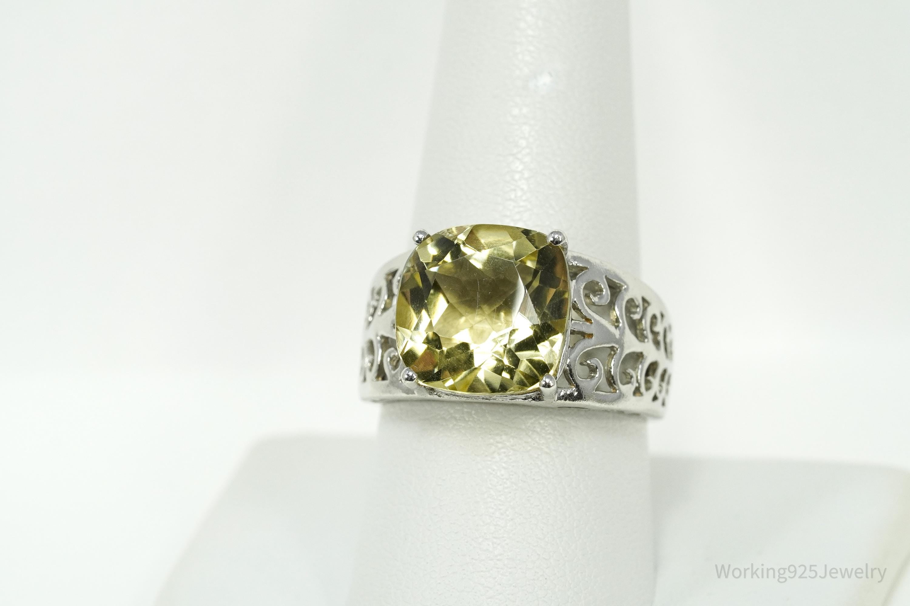 Vintage Large Lemon Citrine Sterling Silver Ring - Size 9