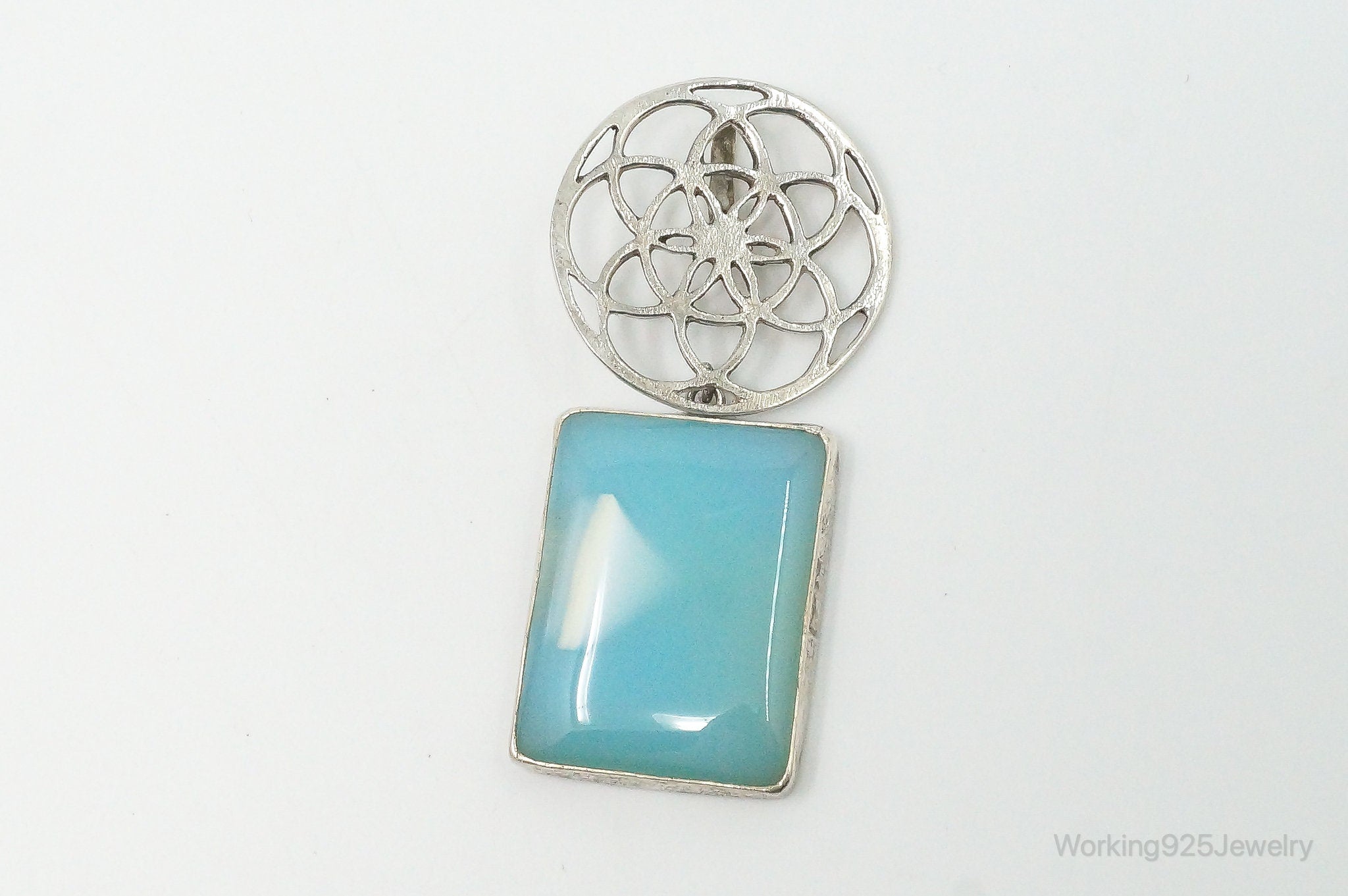 Vintage Large Blue Chalcedony Sterling Silver Necklace Pendant