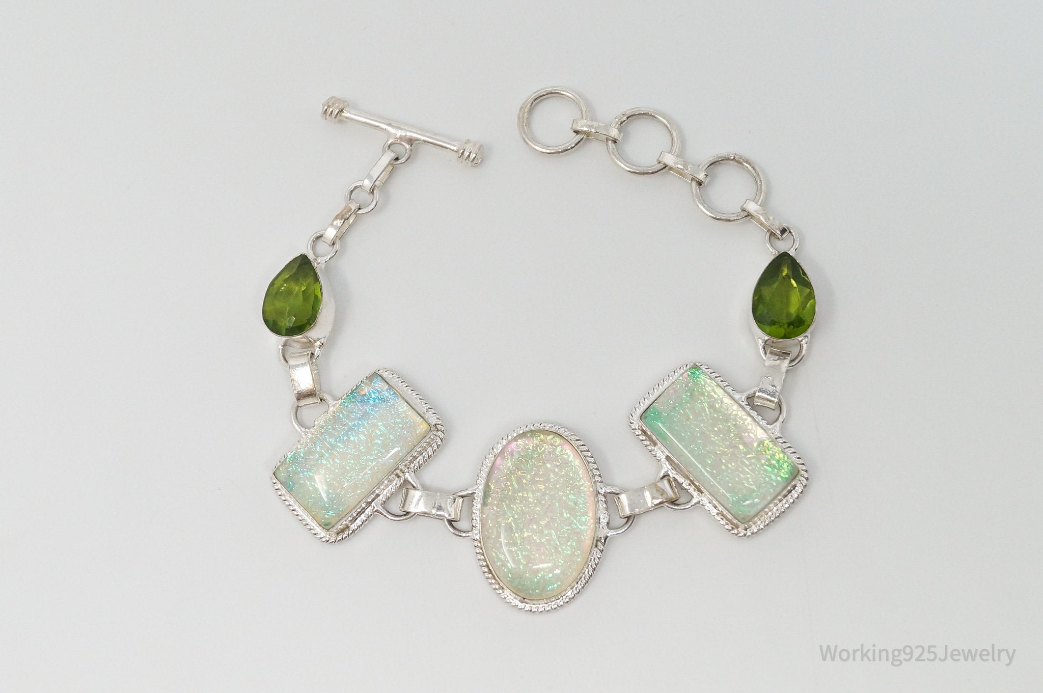 Vintage Rainbow Dichroic Glass Peridot Sterling Silver Toggle Bracelet