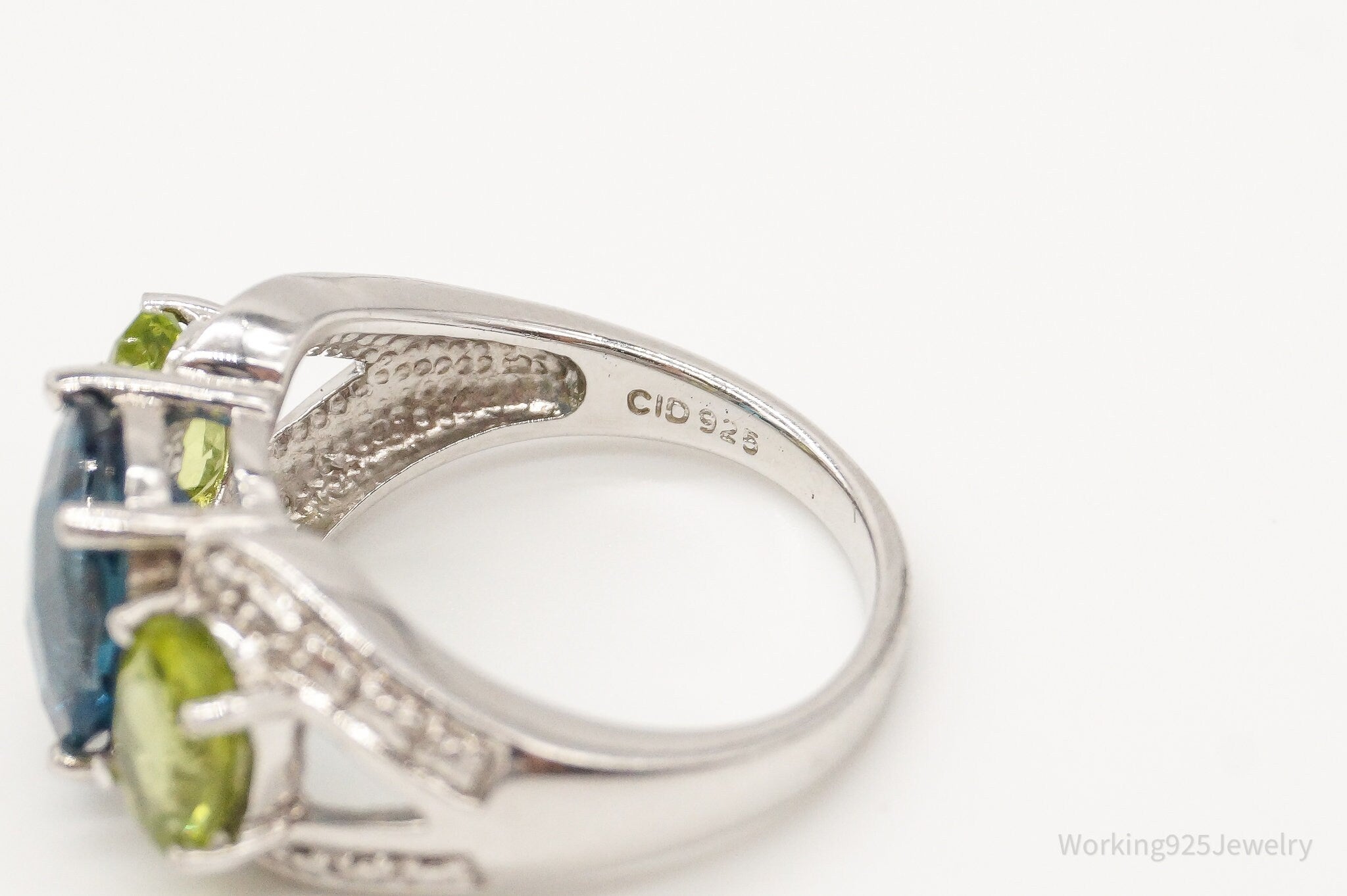 Designer CID Blue Topaz Peridot Cubic Zirconia Sterling Silver Ring - Size 6.25