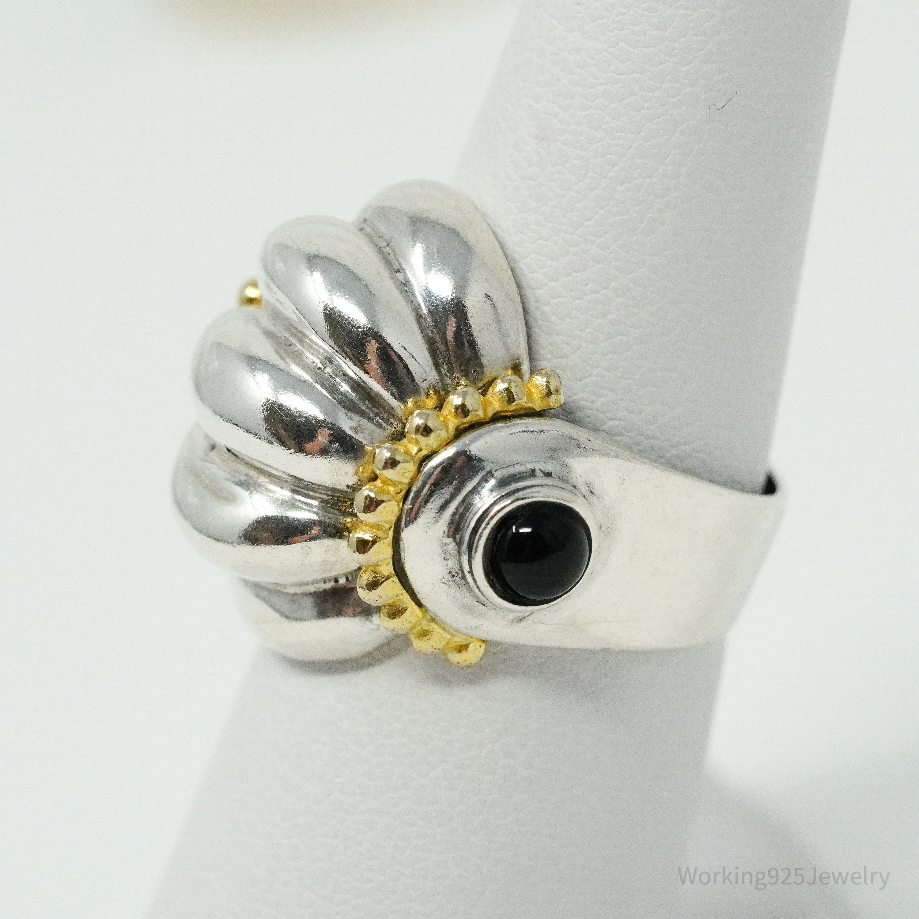 Vintage Italian Black Onyx Gold Vermeil Sterling Silver Ring - Size 6.5