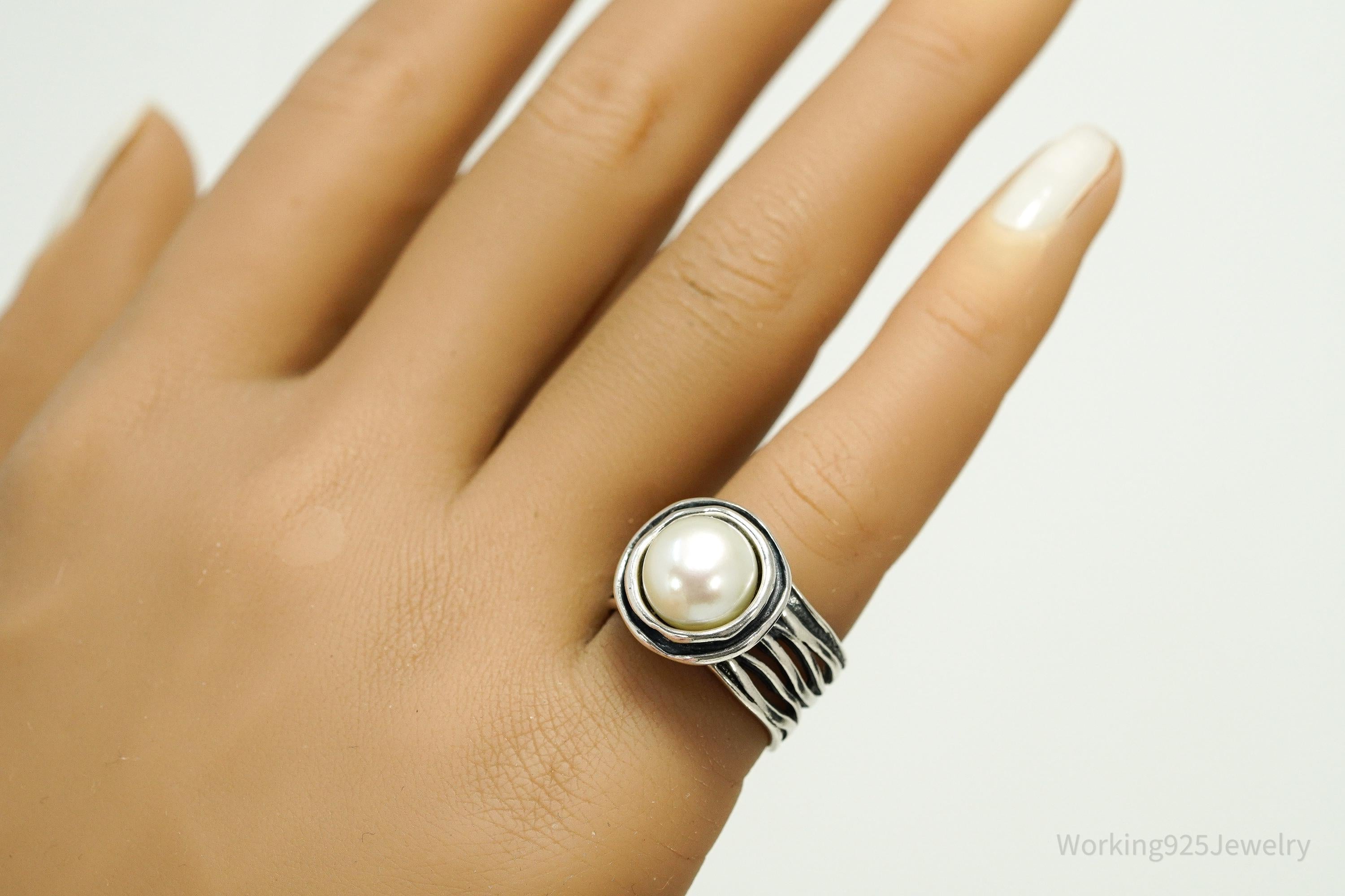 Vintage Israel Large White Pearl Sterling Silver Ring - Size 7
