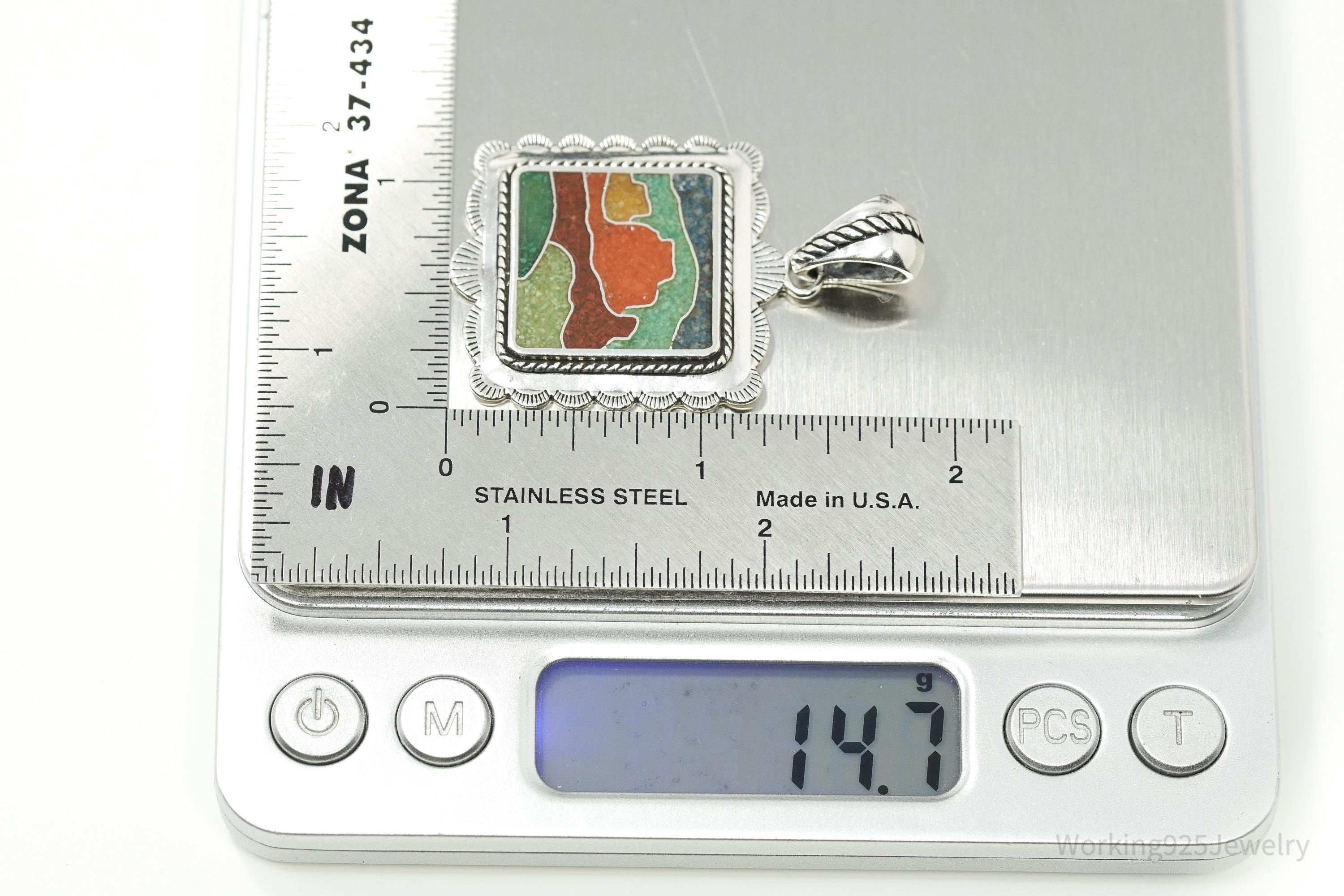 Large Vintage Carolyn Pollack Relios Desert Scene Multi Gem Inlay Sterling Silver Pendant