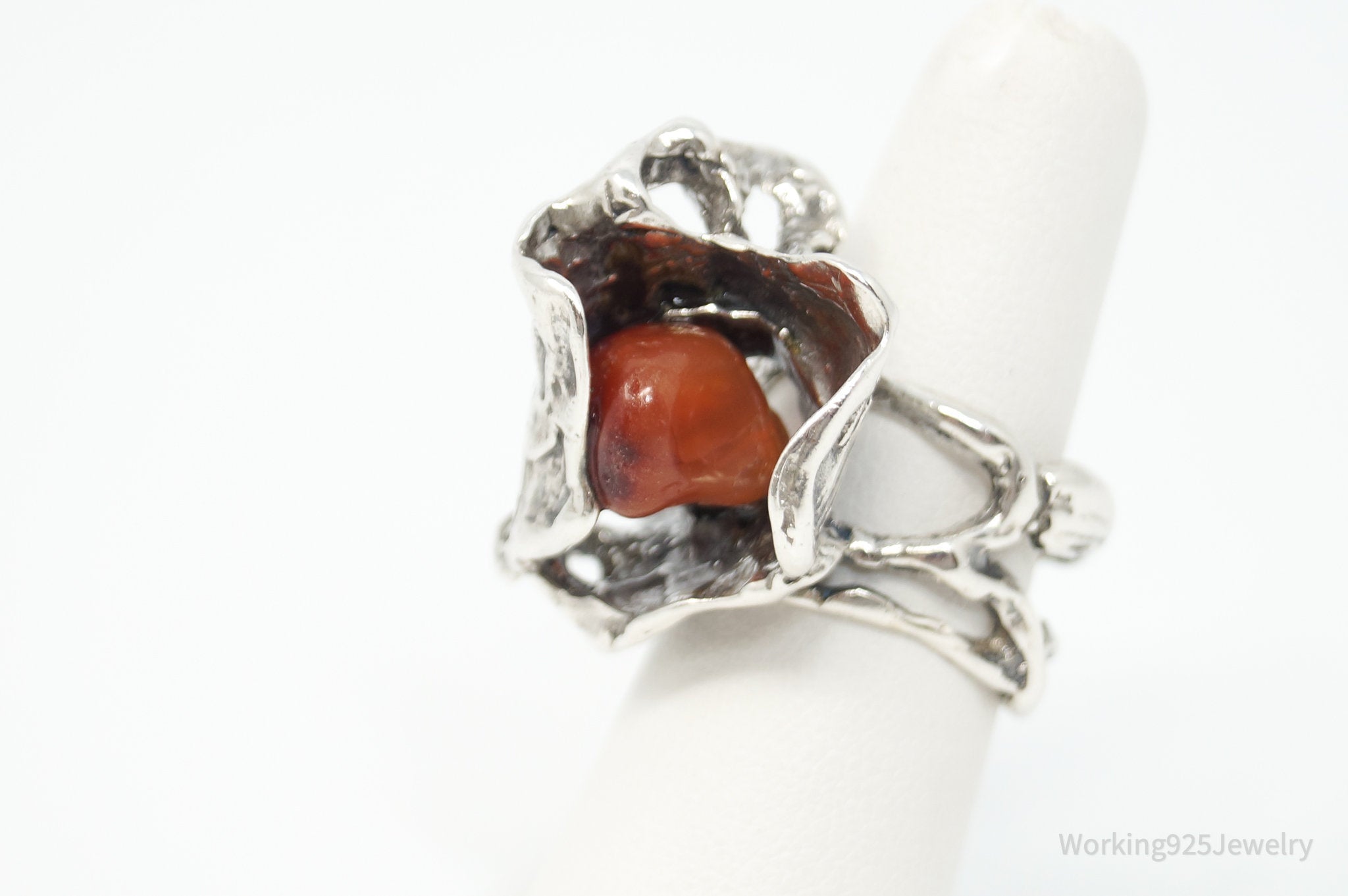 Vintage Red Agate Brutalist Sterling Silver Ring - Sz 7