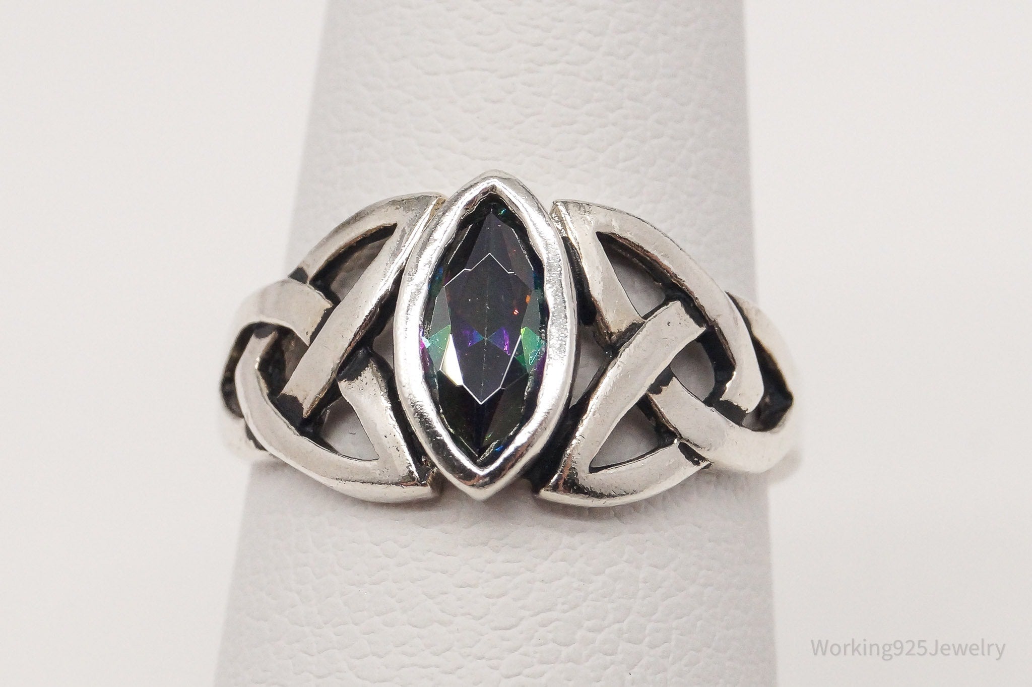 Vintage Lab Mystic Topaz Celtic Knot Sterling Silver Ring - Size 5.25