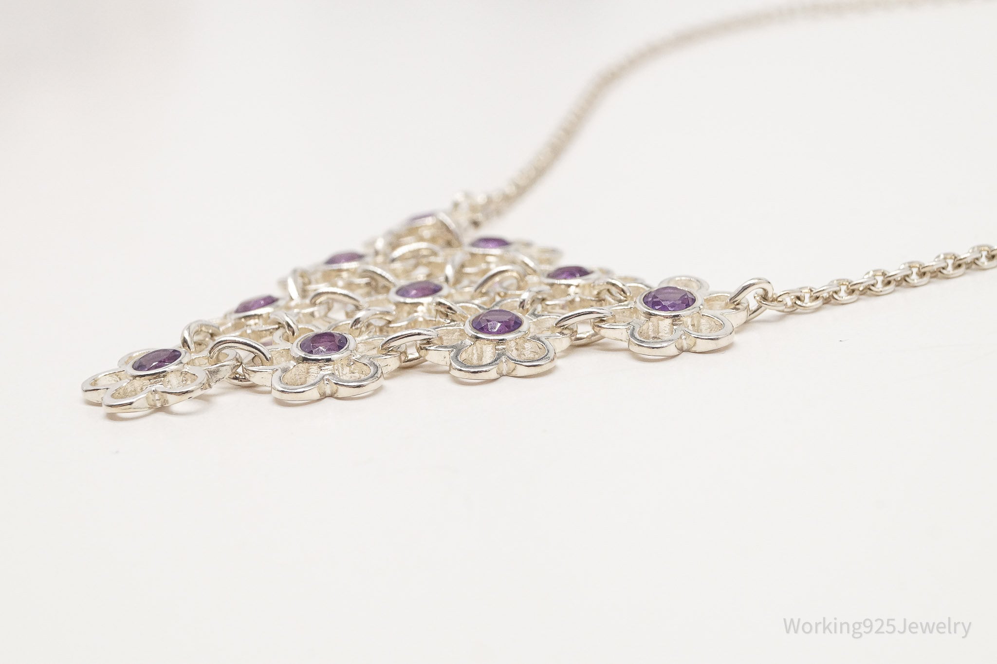 Vintage Amethyst Flowers Sterling Silver Chain Necklace 16"