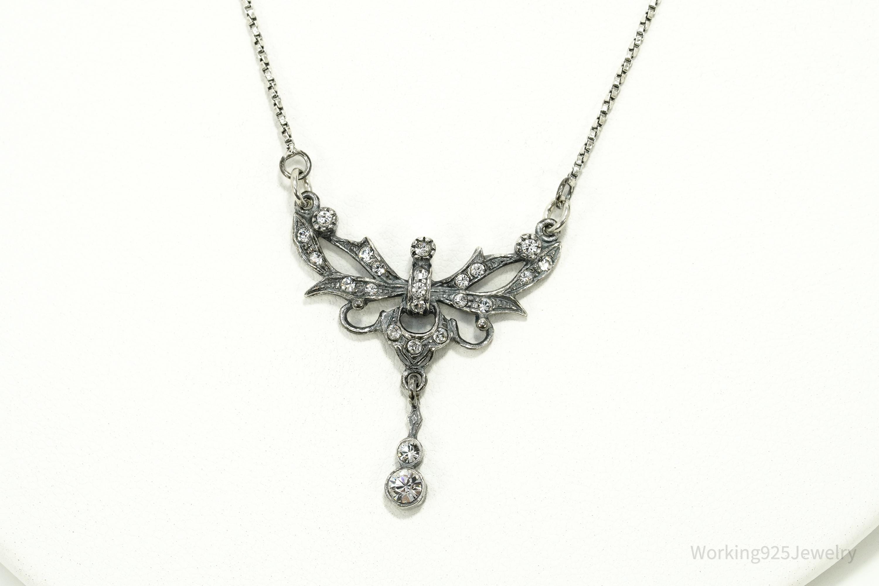 Vintage Art Nouveau Style Crystal Sterling Silver Necklace 15"