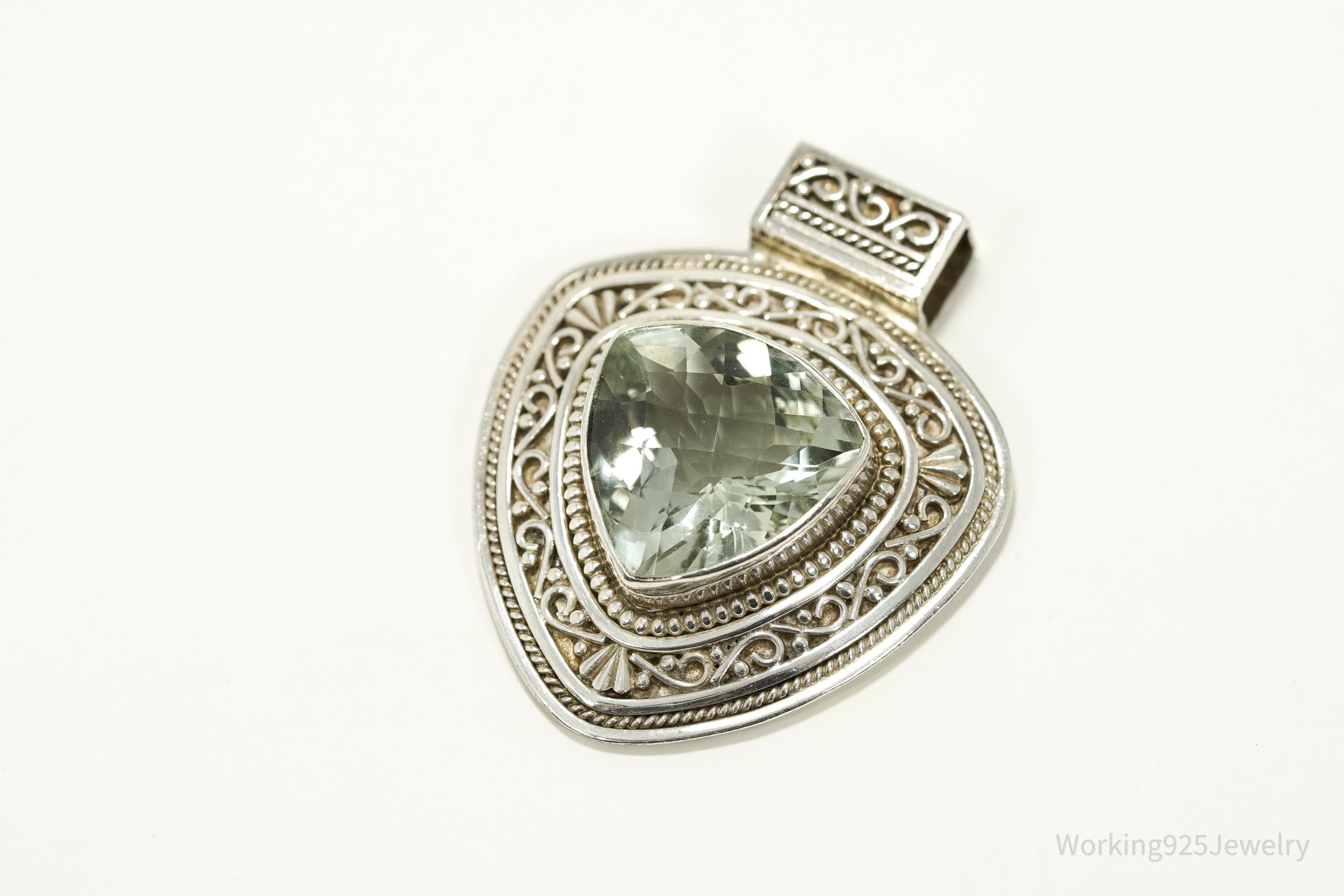 Vintage Nepal Large Prasiolite Sterling Silver Necklace Pendant