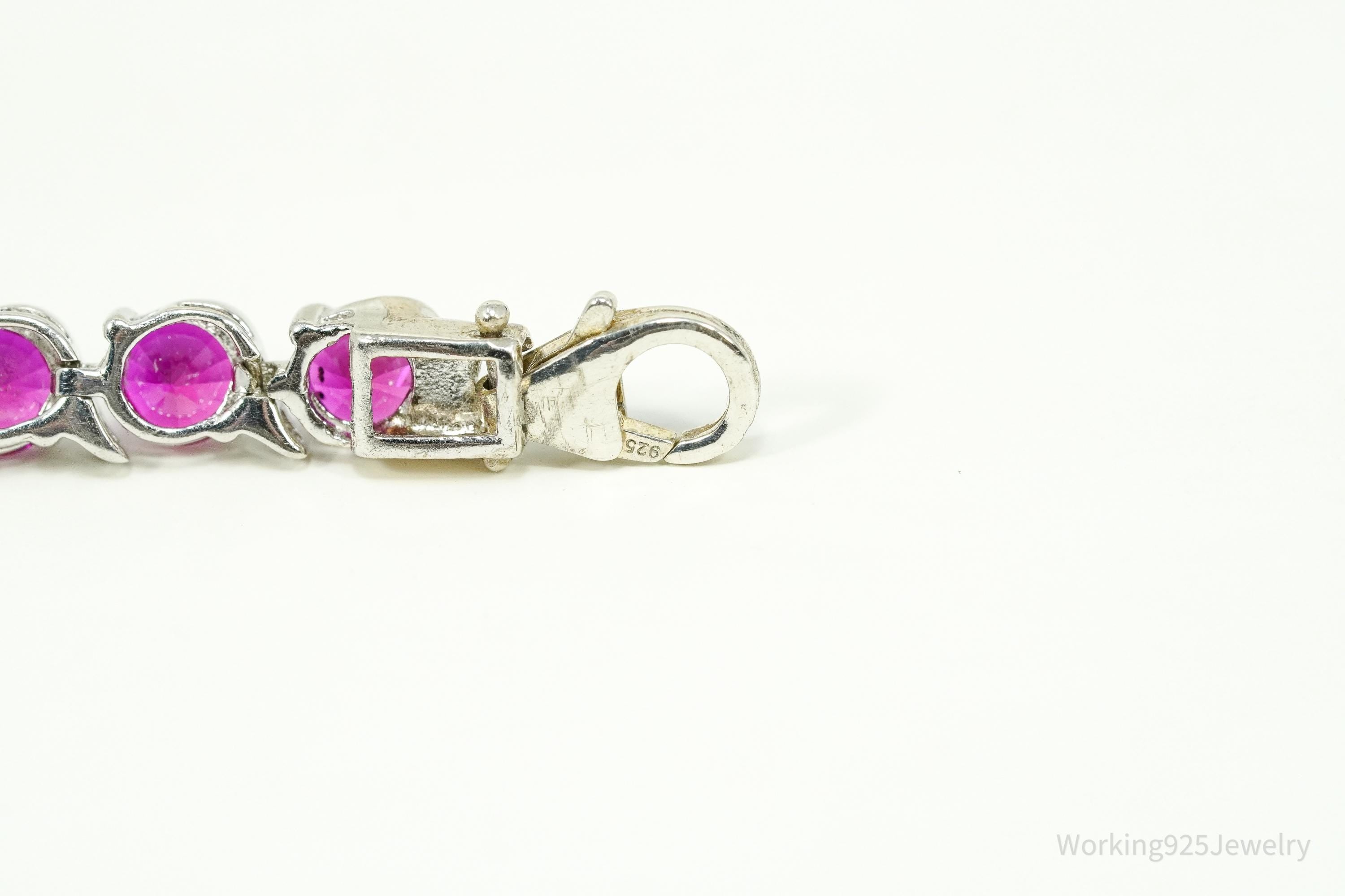 Vintage Lab Treated Ruby Sterling Silver Tennis Bracelet 7 5/8"