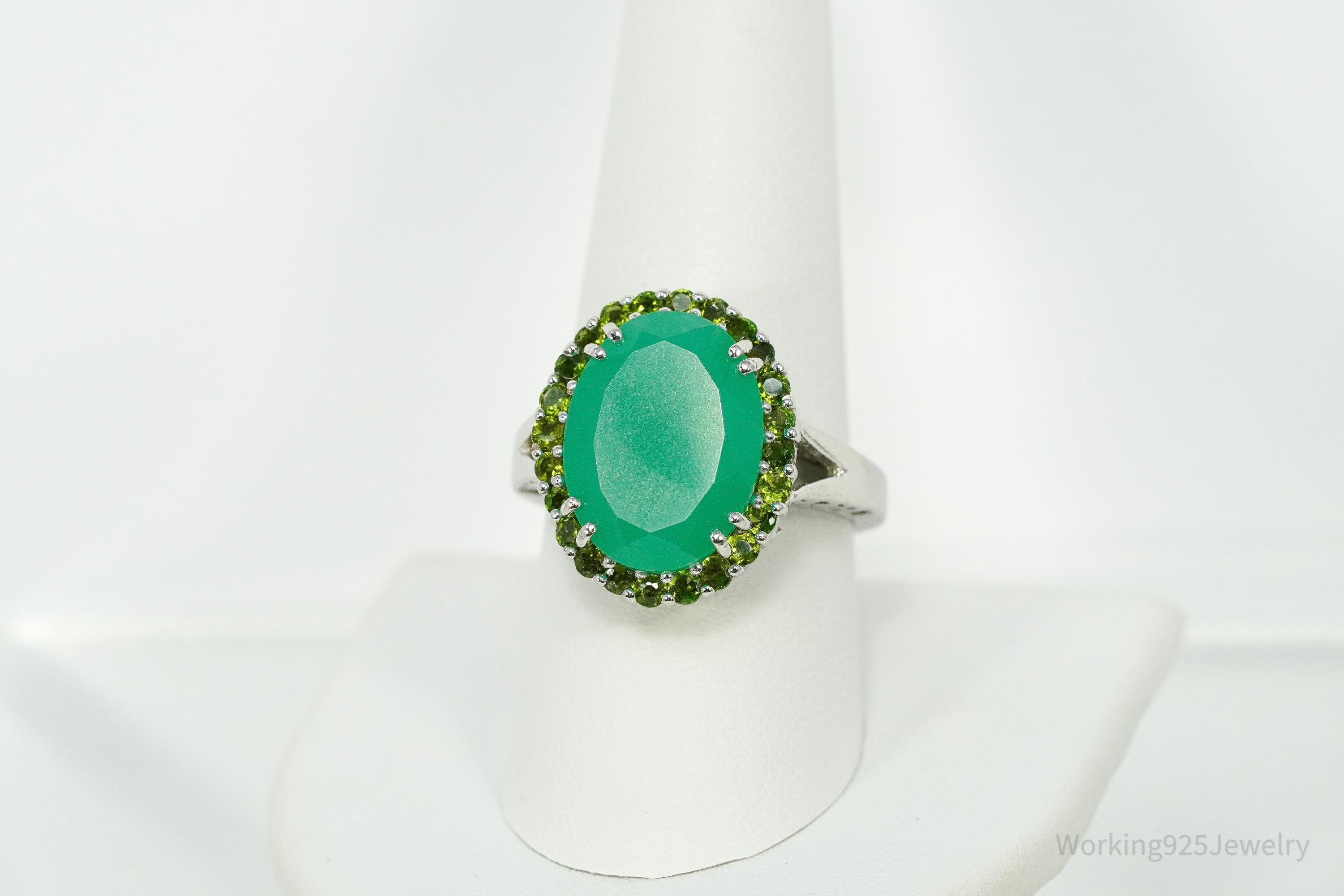 Vintage Green Chrysoprase & Peridot Sterling Silver Ring - Size 9.25