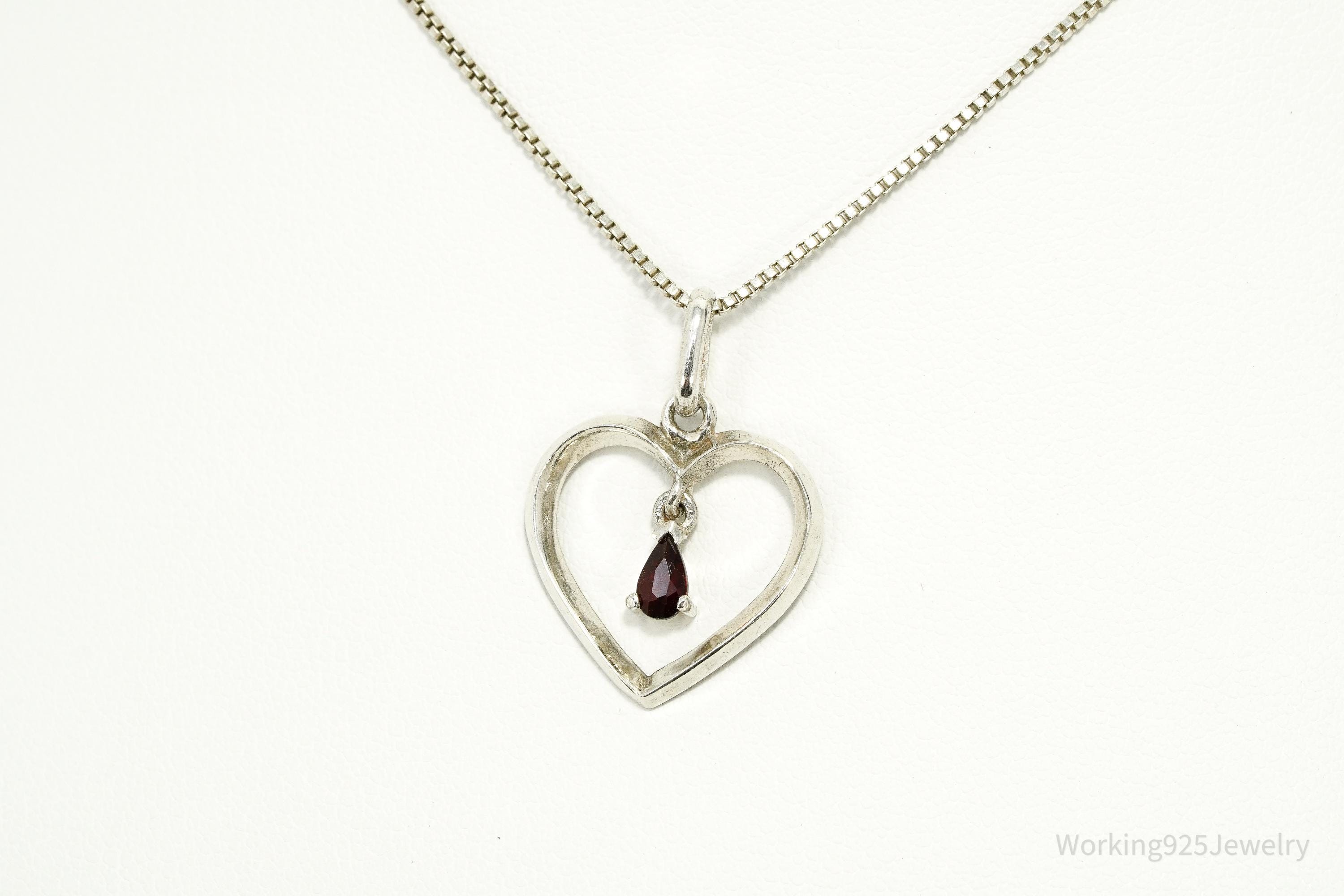 Vintage Garnet Sterling Silver Heart Chain Necklace 18"