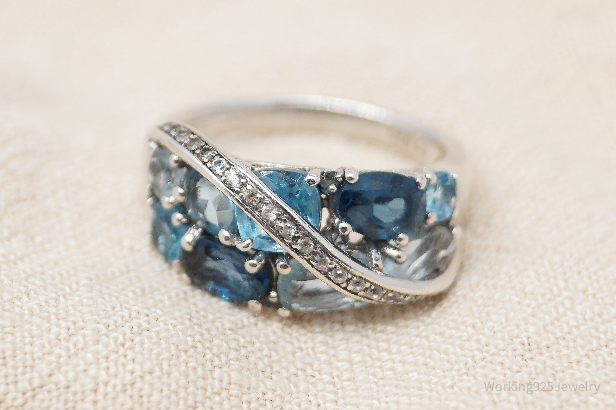 Vintage Blue & White Topaz Sterling Silver Ring - Size 7