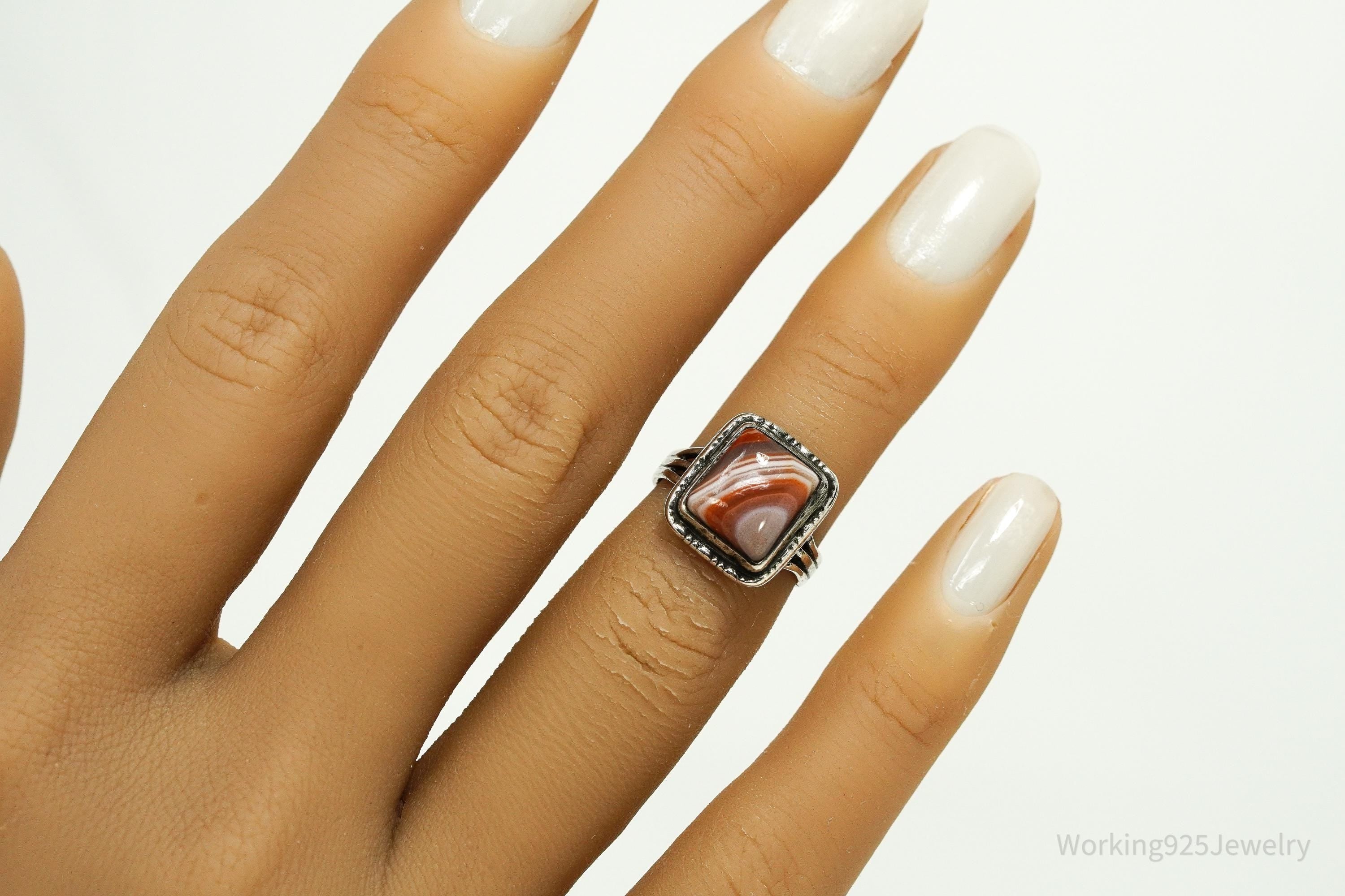 Vintage Lace Agate Silver Ring - Size 4
