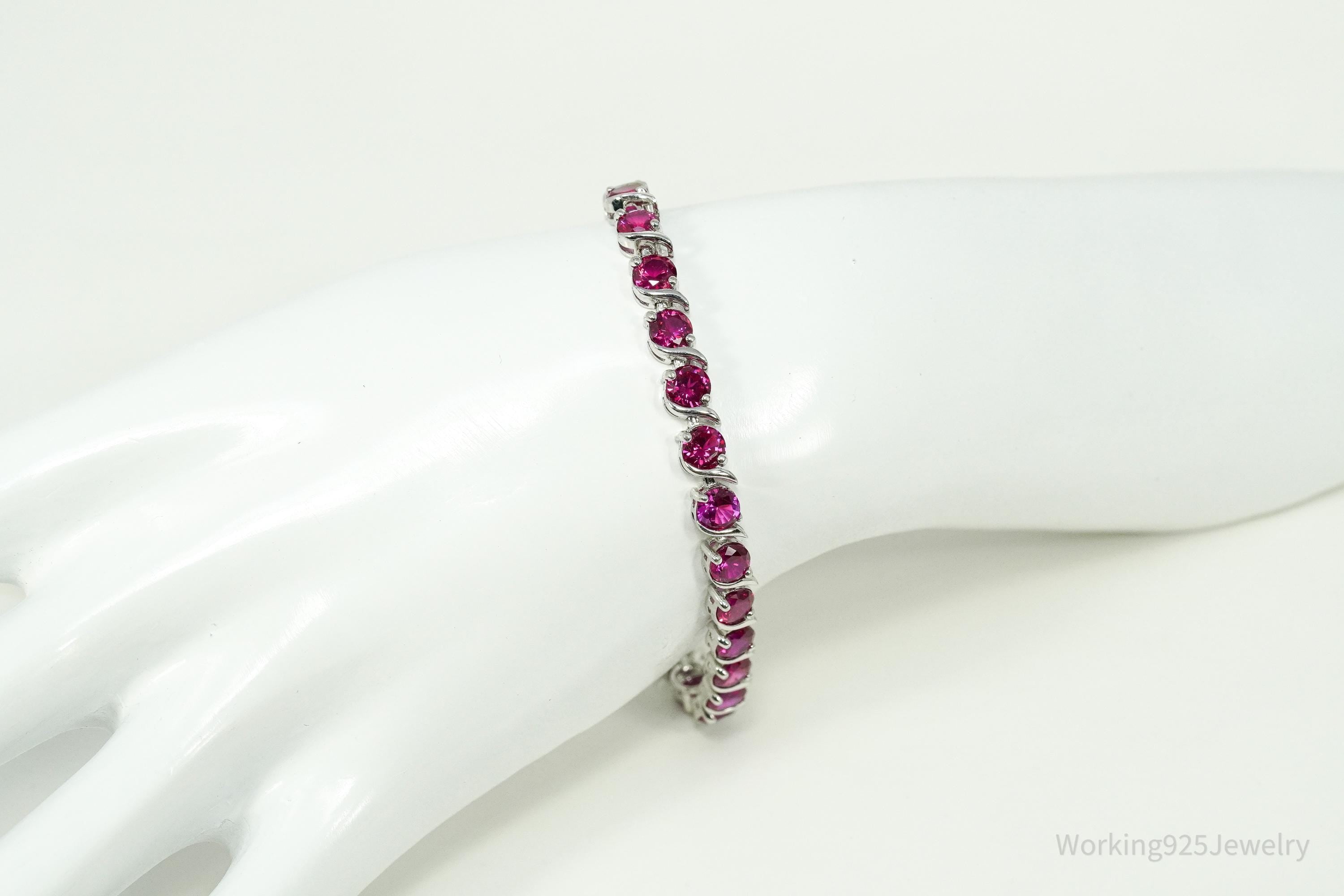 Vintage Lab Treated Ruby Sterling Silver Tennis Bracelet 7 5/8"