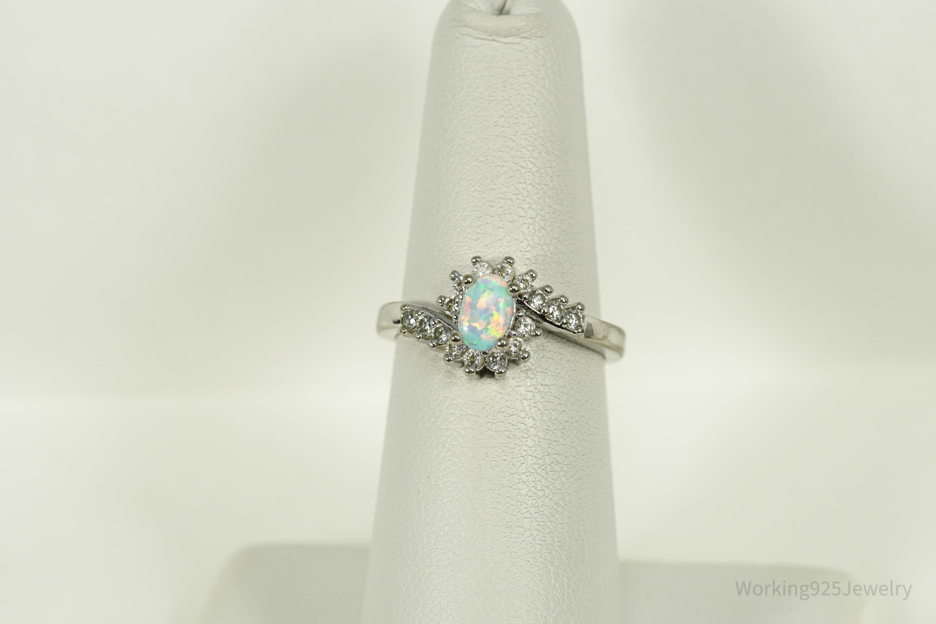 Vintage Opal & Cubic Zirconia Sterling Silver Plated Ring - Size 6