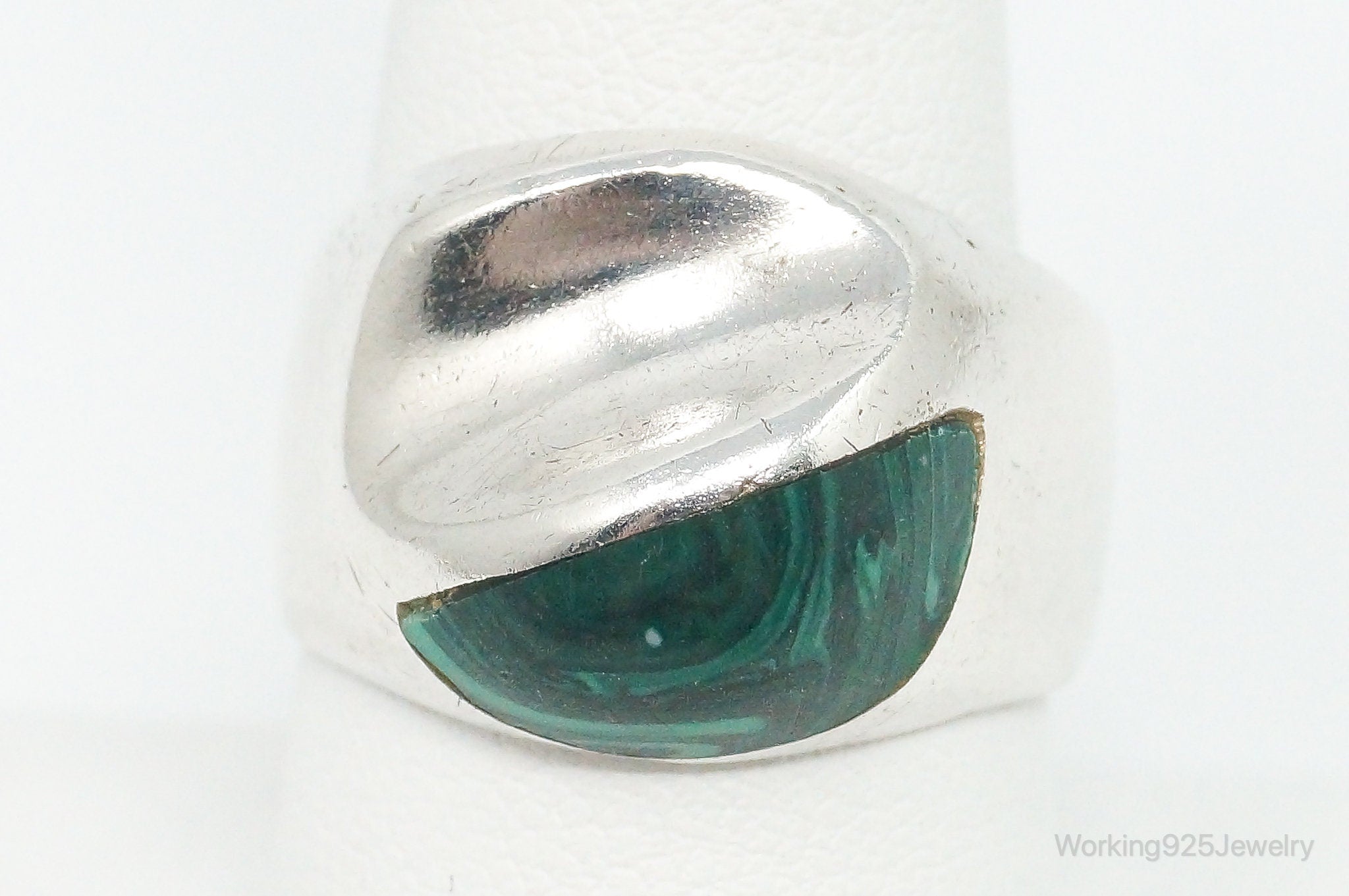 Vintage Mexico Malachite Modernist Sterling Silver Ring - Size 9