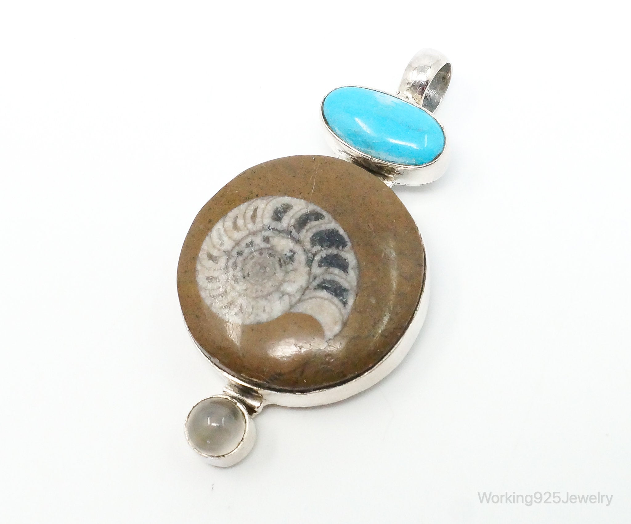 Vintage Large Fossil Shell Turquoise Gray Moonstone Sterling Silver Pendant