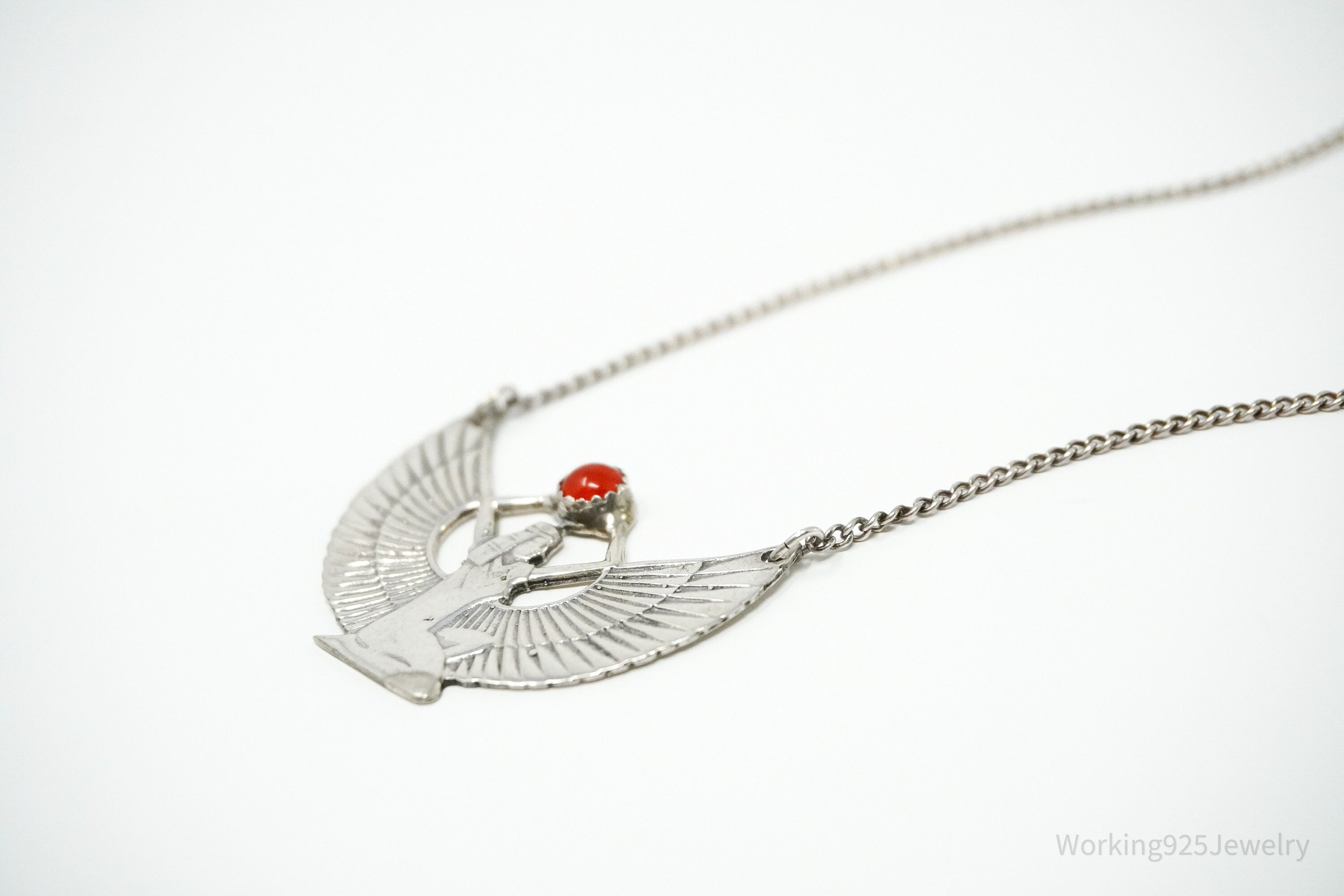 Vintage Egyptian Winged Goddess Isis Red Stone Sterling Silver Necklace 16"
