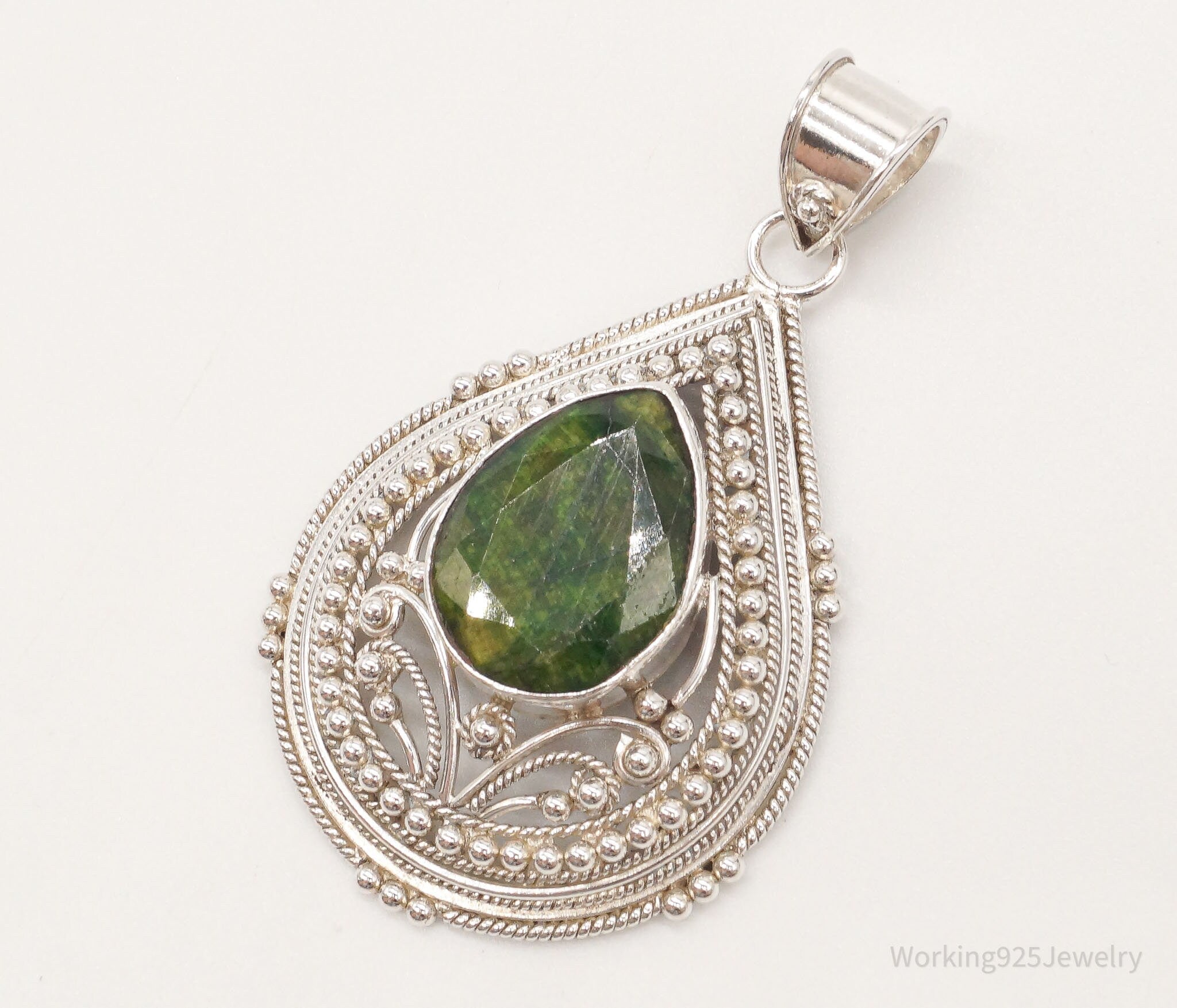 Vintage Large Green Stone Sterling Silver Pendant