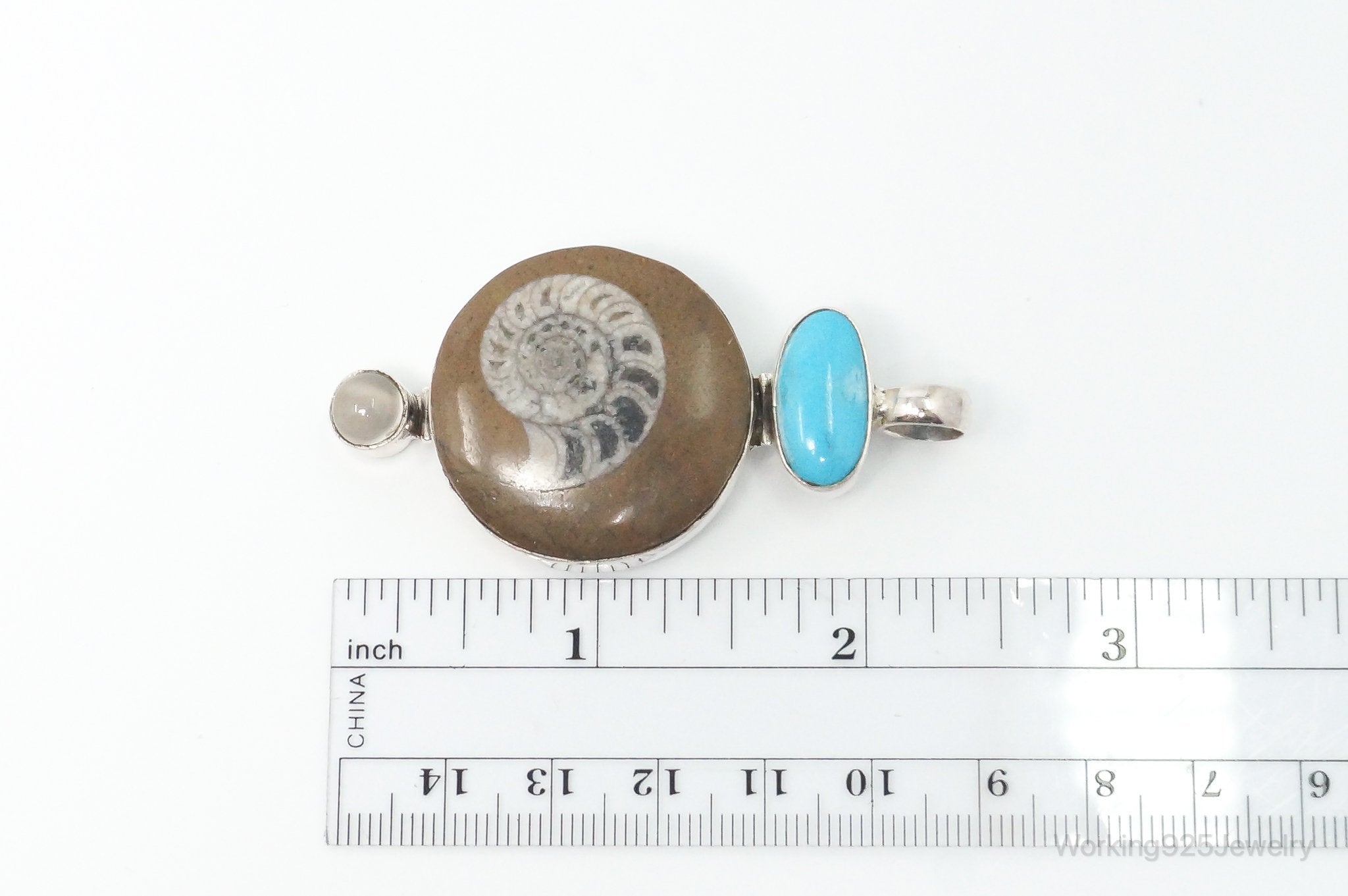 Vintage Large Fossil Shell Turquoise Gray Moonstone Sterling Silver Pendant