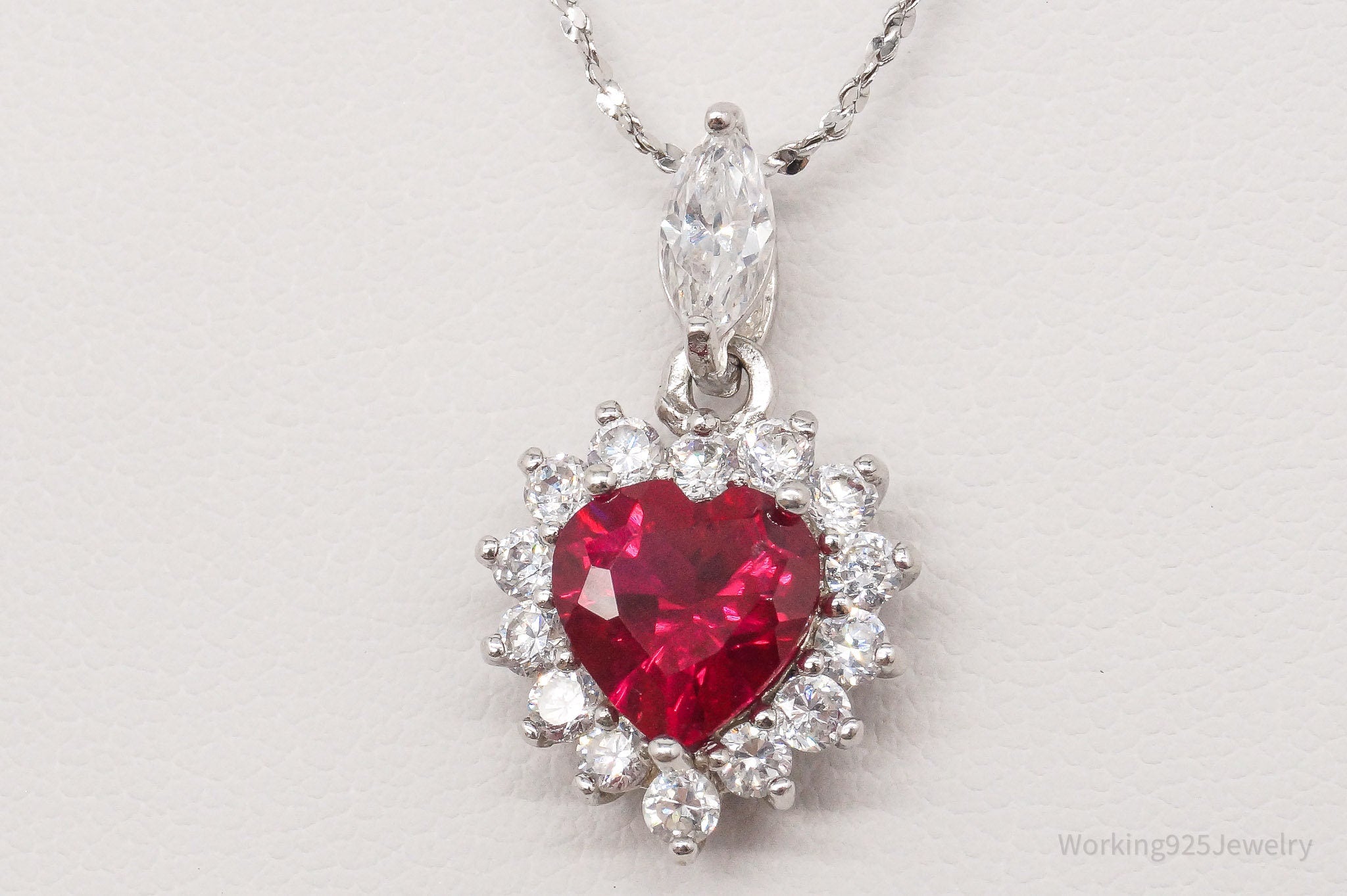 Vintage JJT Ruby Cubic Zirconia Heart Sterling Silver Necklace 18"