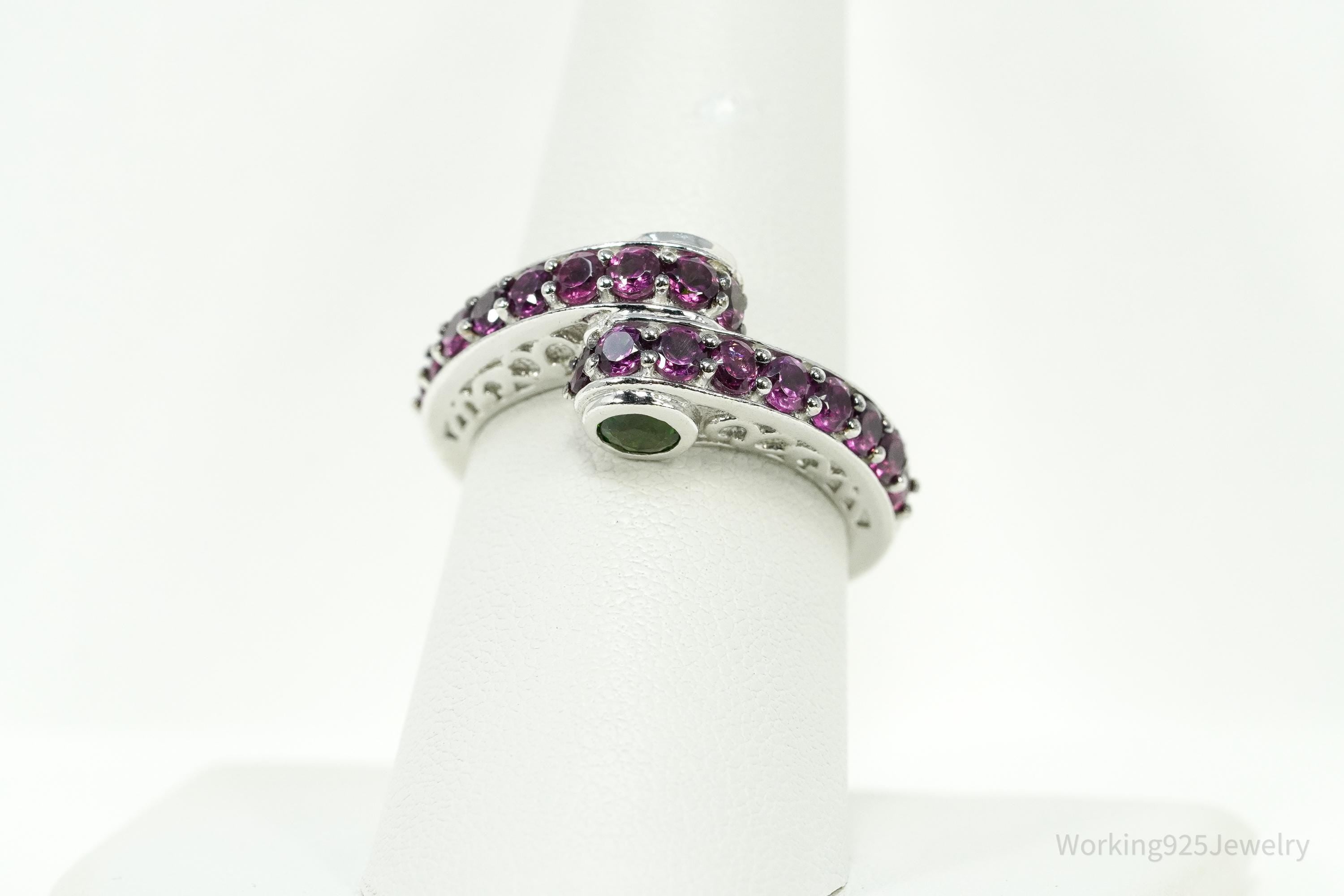 Rhodolite Garnet & Green Chrome Diopside Sterling Silver Ring - Size 8