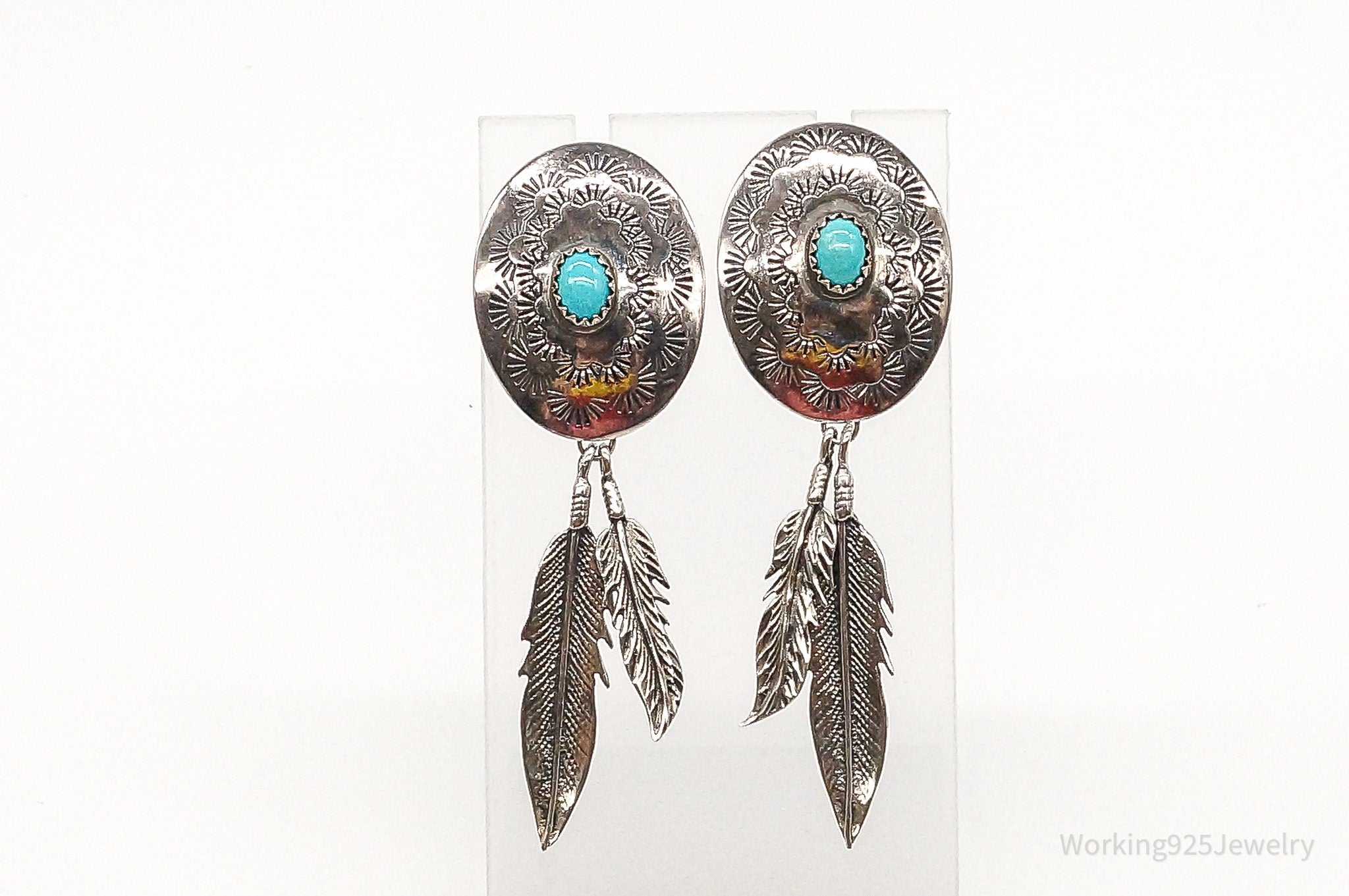 Vintage Native American Turquoise Feather Sterling Silver Earrings