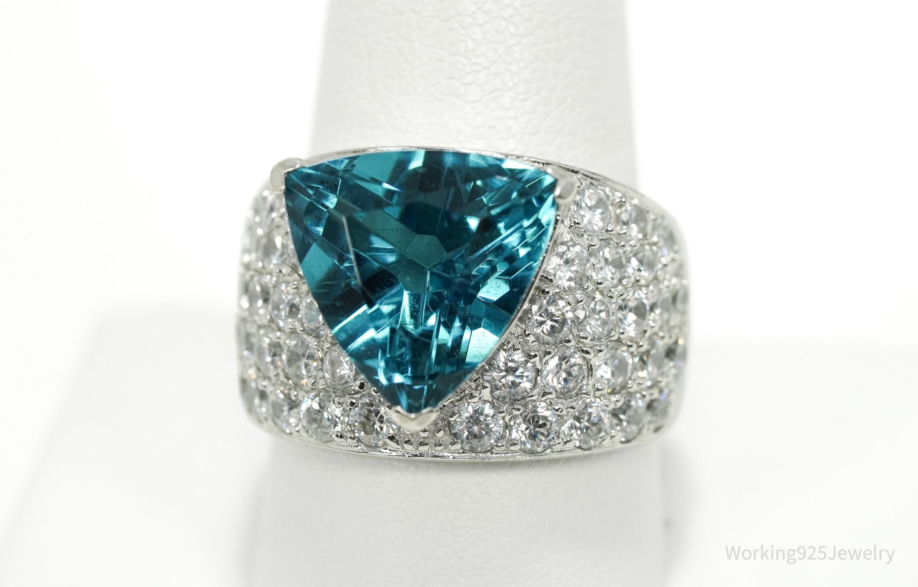 Vintage Ross Simons Large Teal Stone & Cubic Zirconia Sterling Silver Ring - Size 10