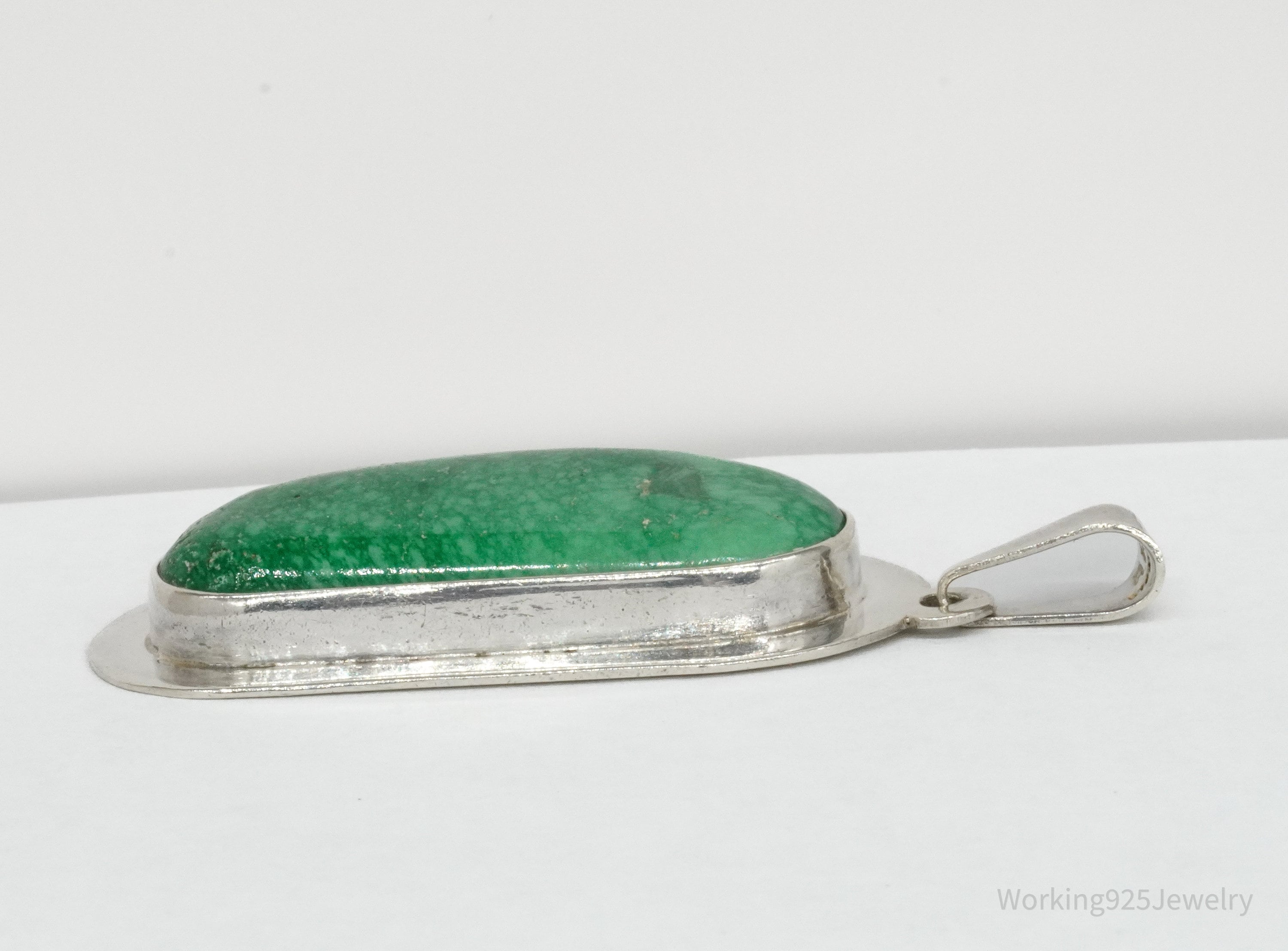 Vintage Large Mexico Modernist AIS Green Stone Sterling Silver Pendant 2 5/16"