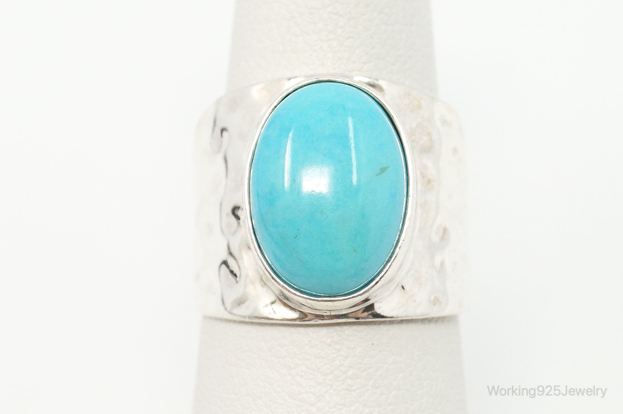 Vintage Turquoise Hammered Southwestern Sterling Silver Ring - Size 6.5