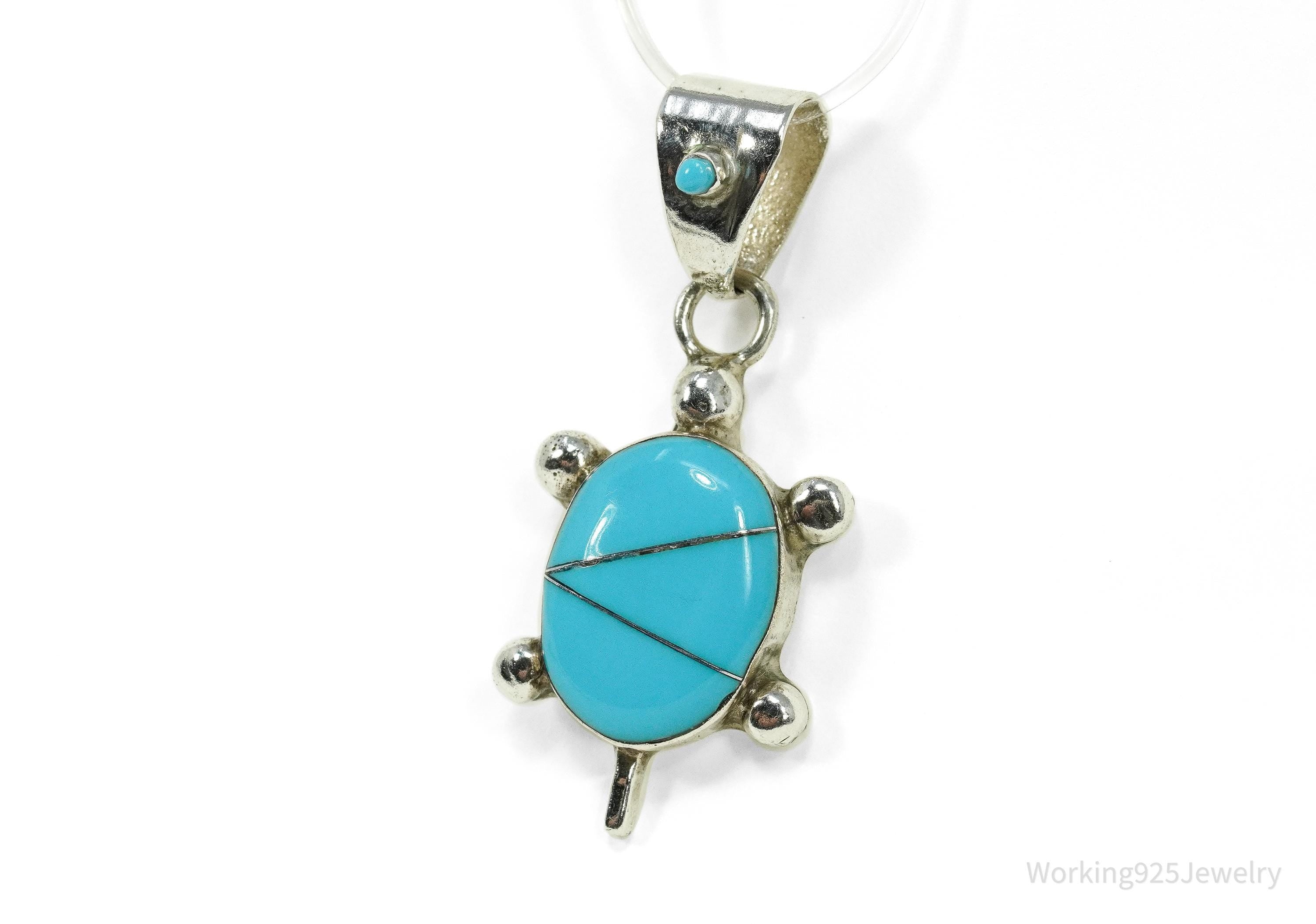 Vintage Native American Turquoise Inlay Turtle Sterling Silver Pendant 1.5"