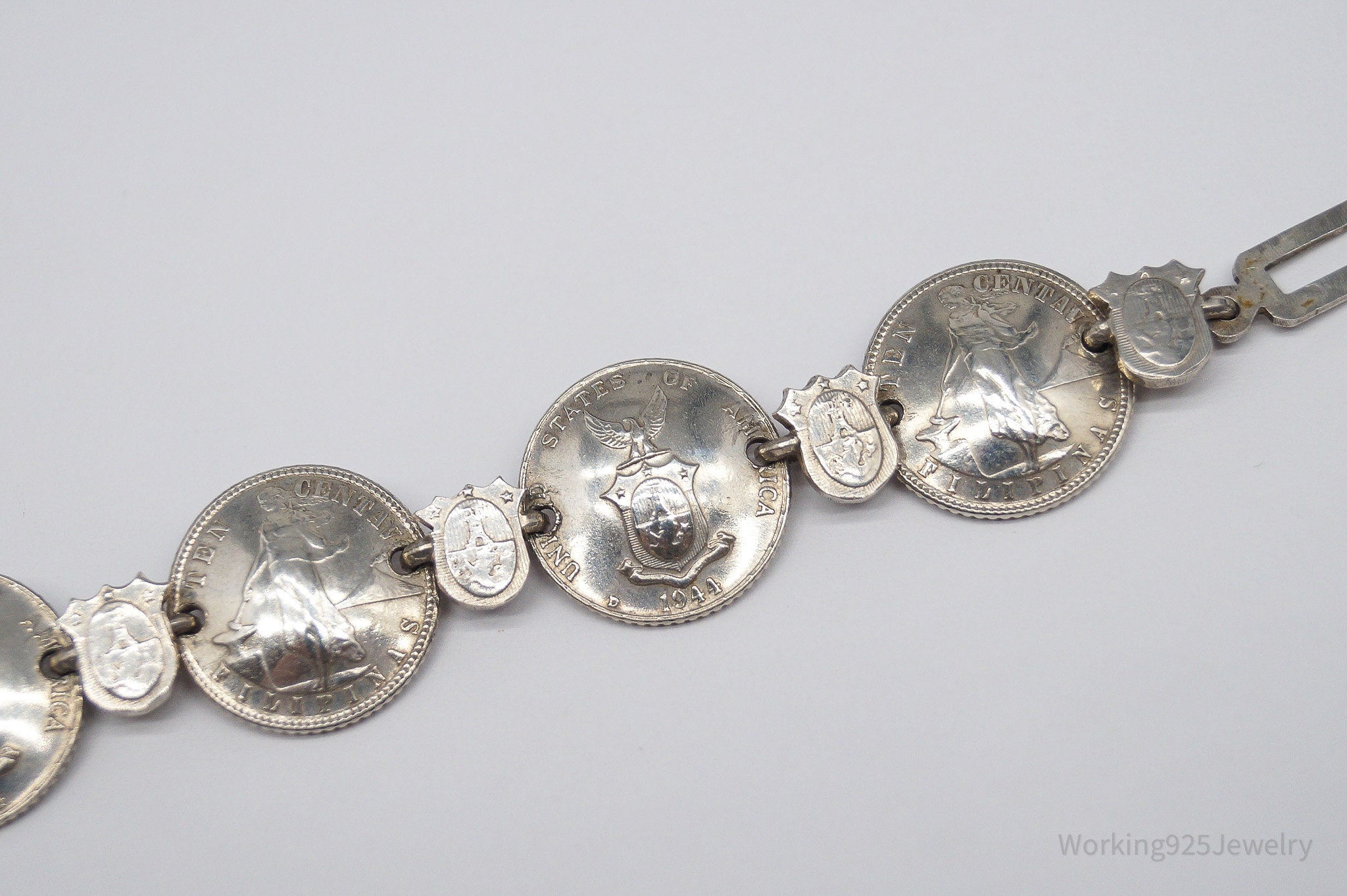 Vintage 1944 Philippines Centavos Silver Bracelet - 7 1/8"