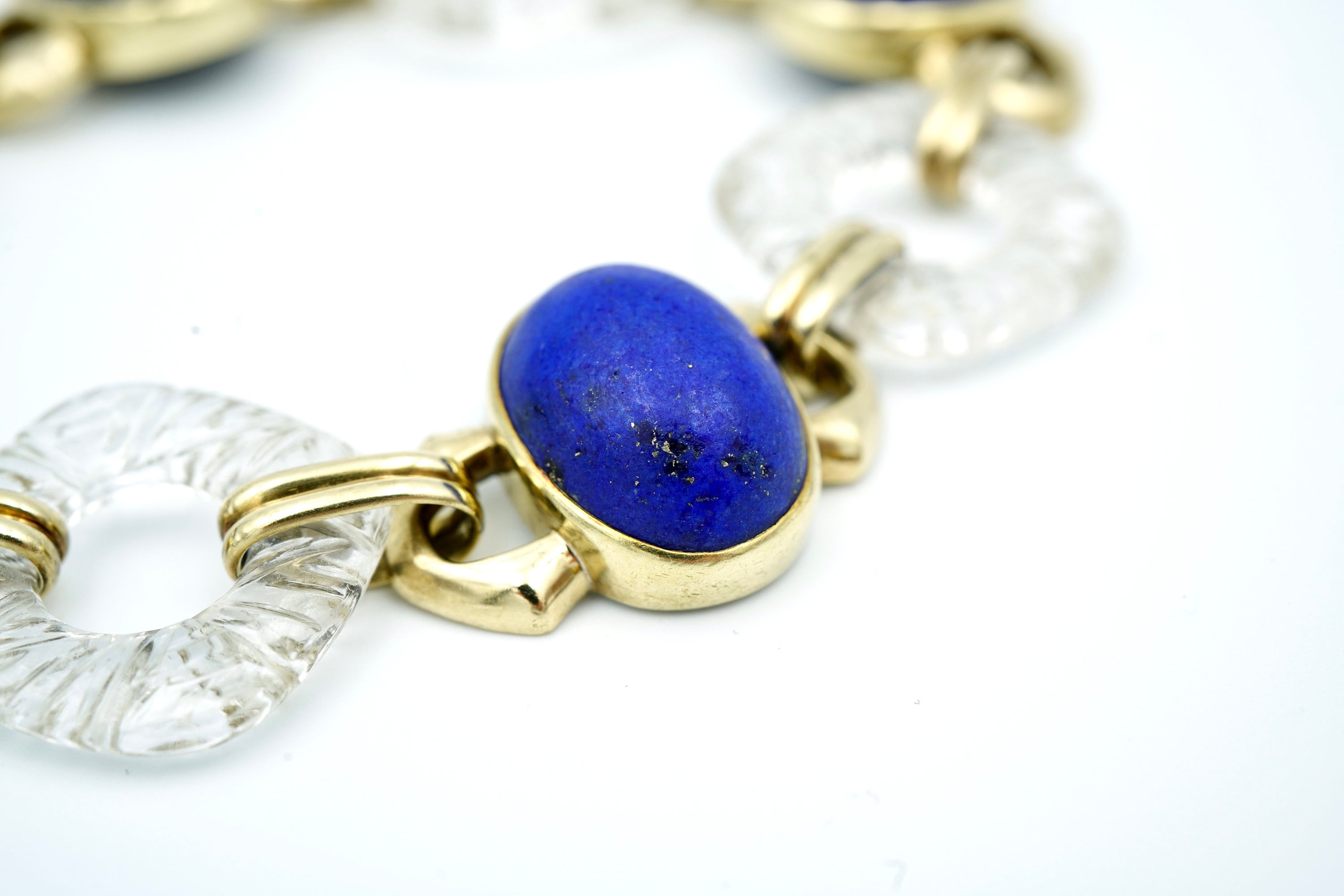 Vintage 14k Yellow Gold Lapis Lazuli & Rock Crystal Quartz Bracelet