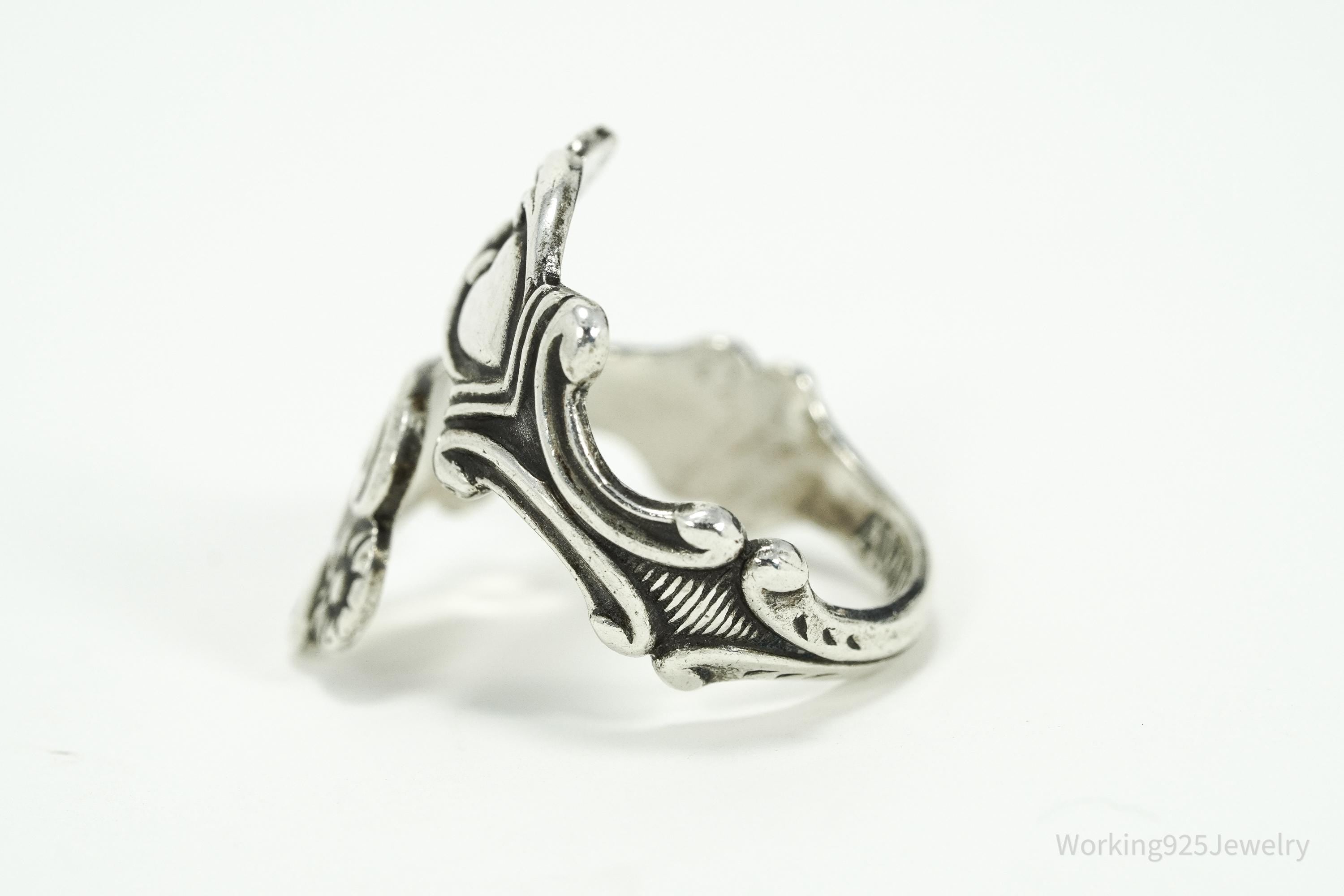Vintage Avon Hearts & Flowers Sterling Silver Adjustable Wrap Spoon Ring - Size 7.5