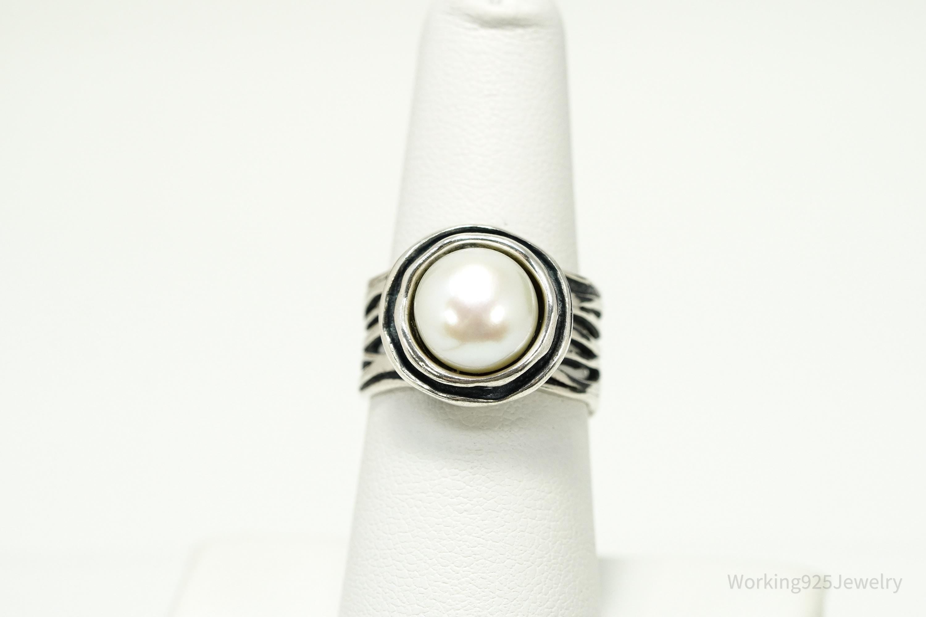 Vintage Israel Large White Pearl Sterling Silver Ring - Size 7