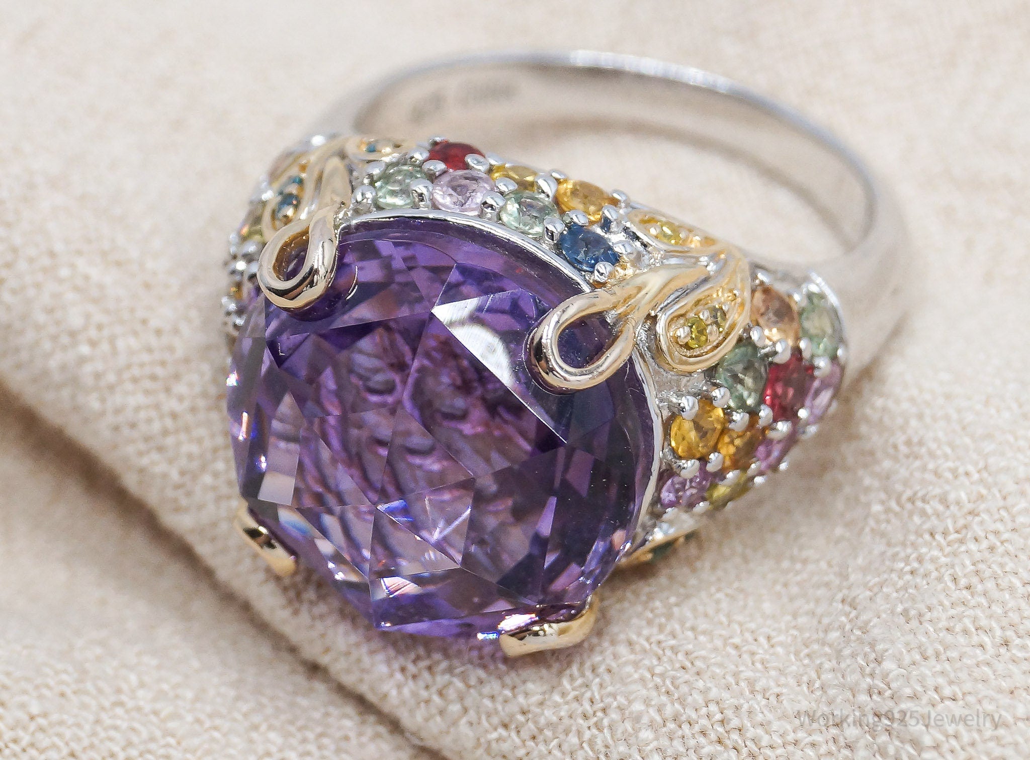 Vintage Large Amethyst Multi Color Sapphire & Diamond Gold Sterling Silver Ring - Size 9.75