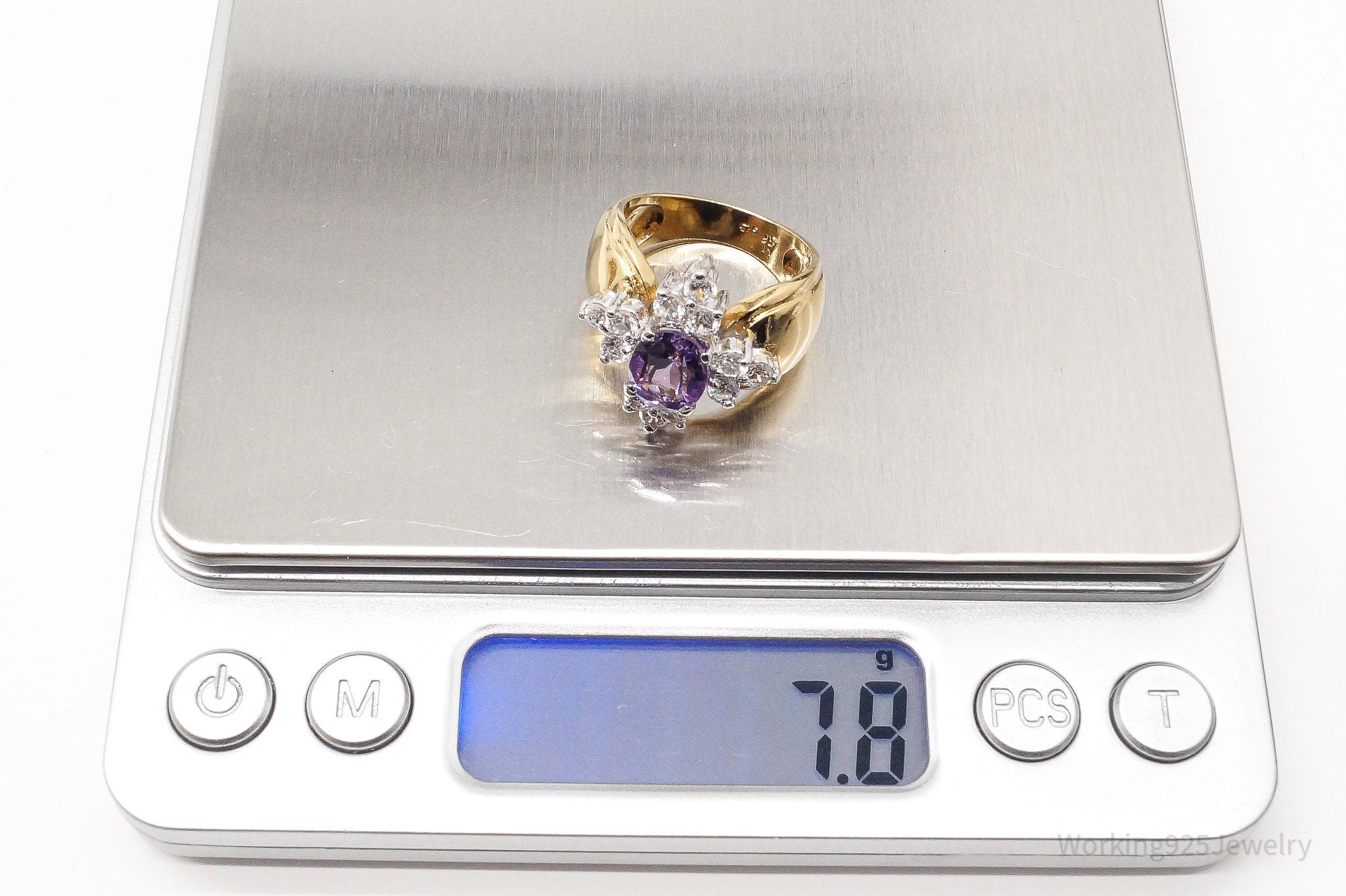 Vintage Amethyst Cubic Zirconia Gold Vermeil Sterling Silver Ring Size 7