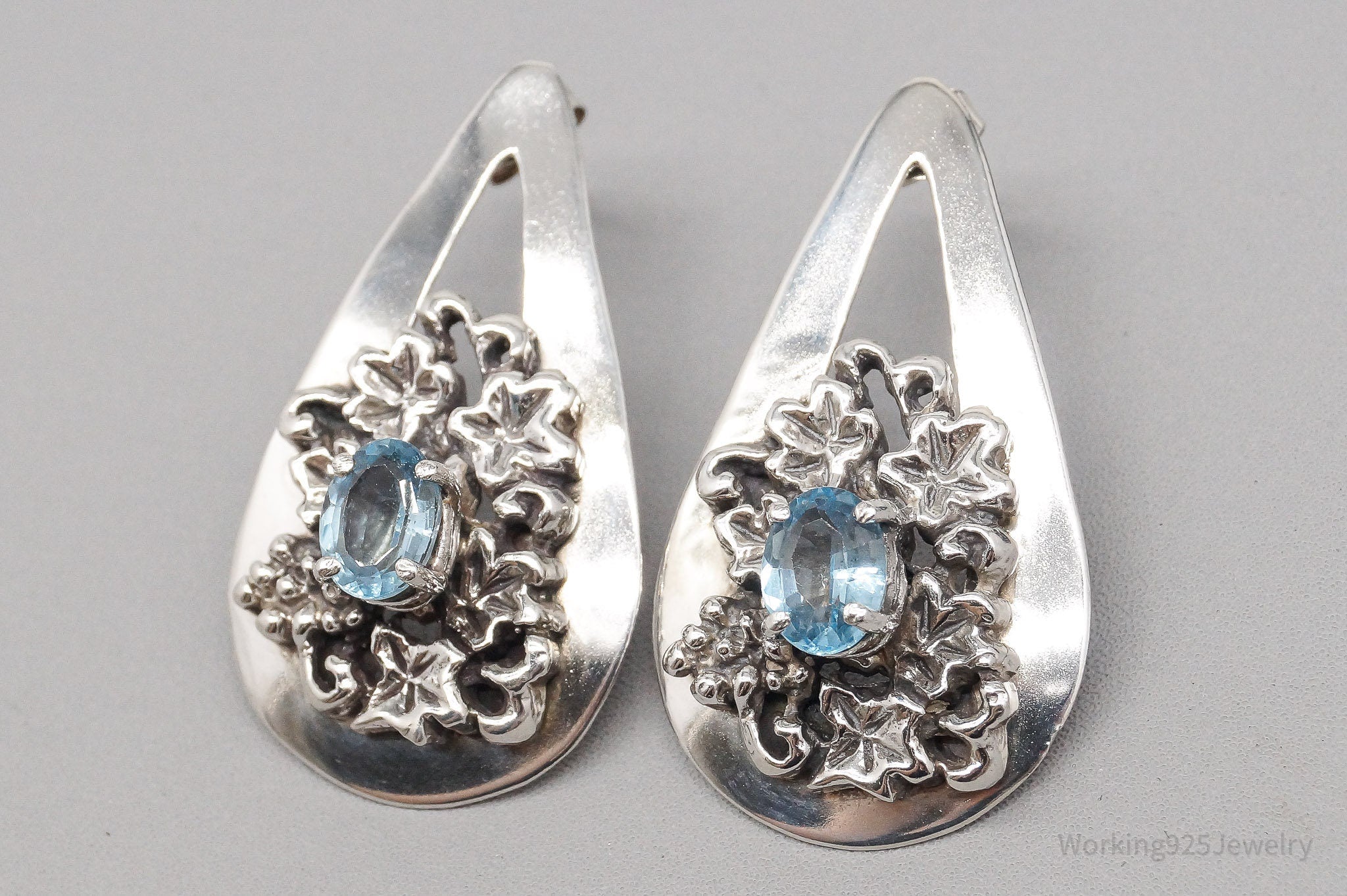 Vintage Blue Topaz Flowers Sterling Silver Earrings