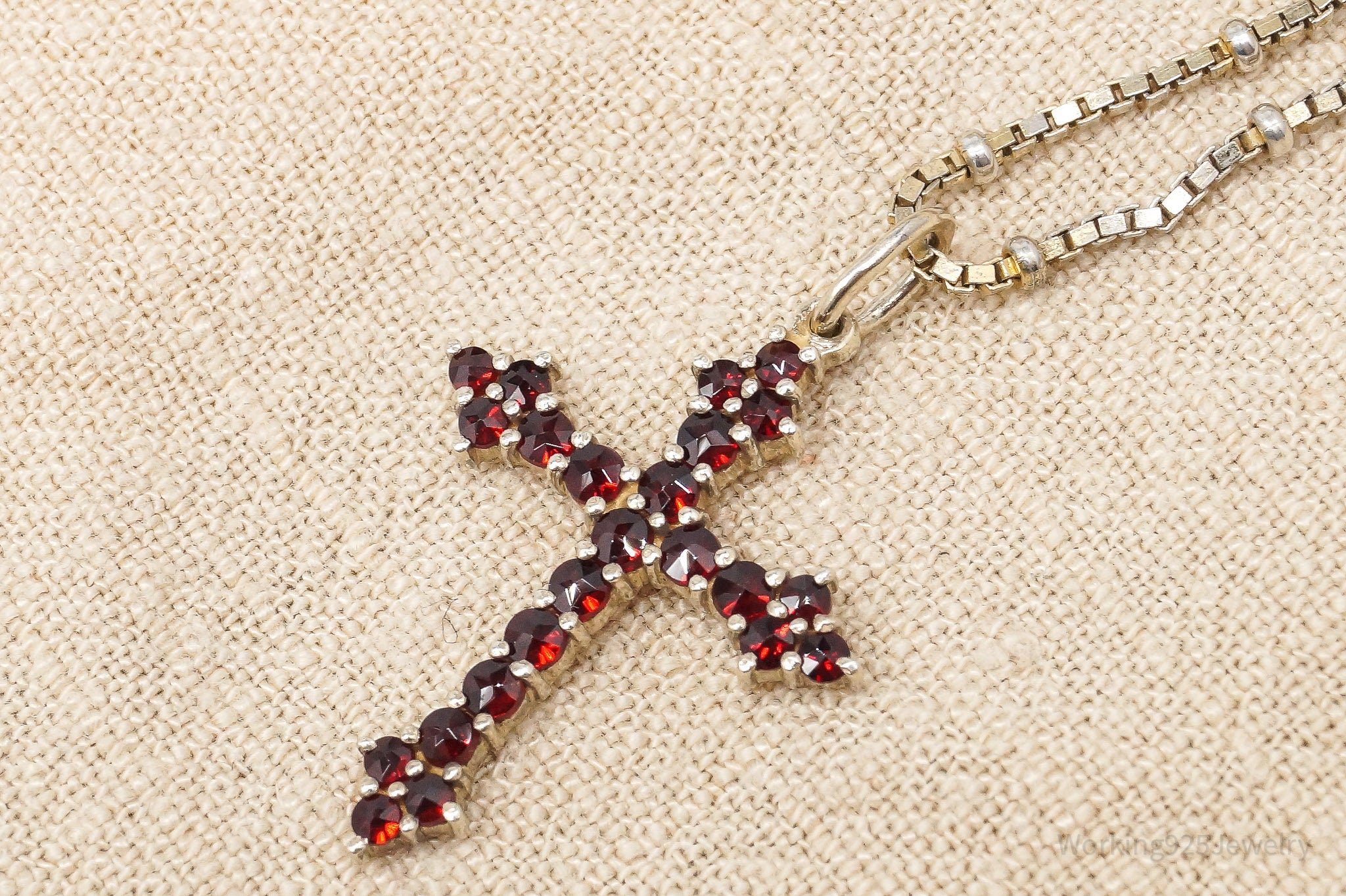 Antique Bohemian Garnet Gold Silver Cross Pendant Sterling Silver Necklace 18"