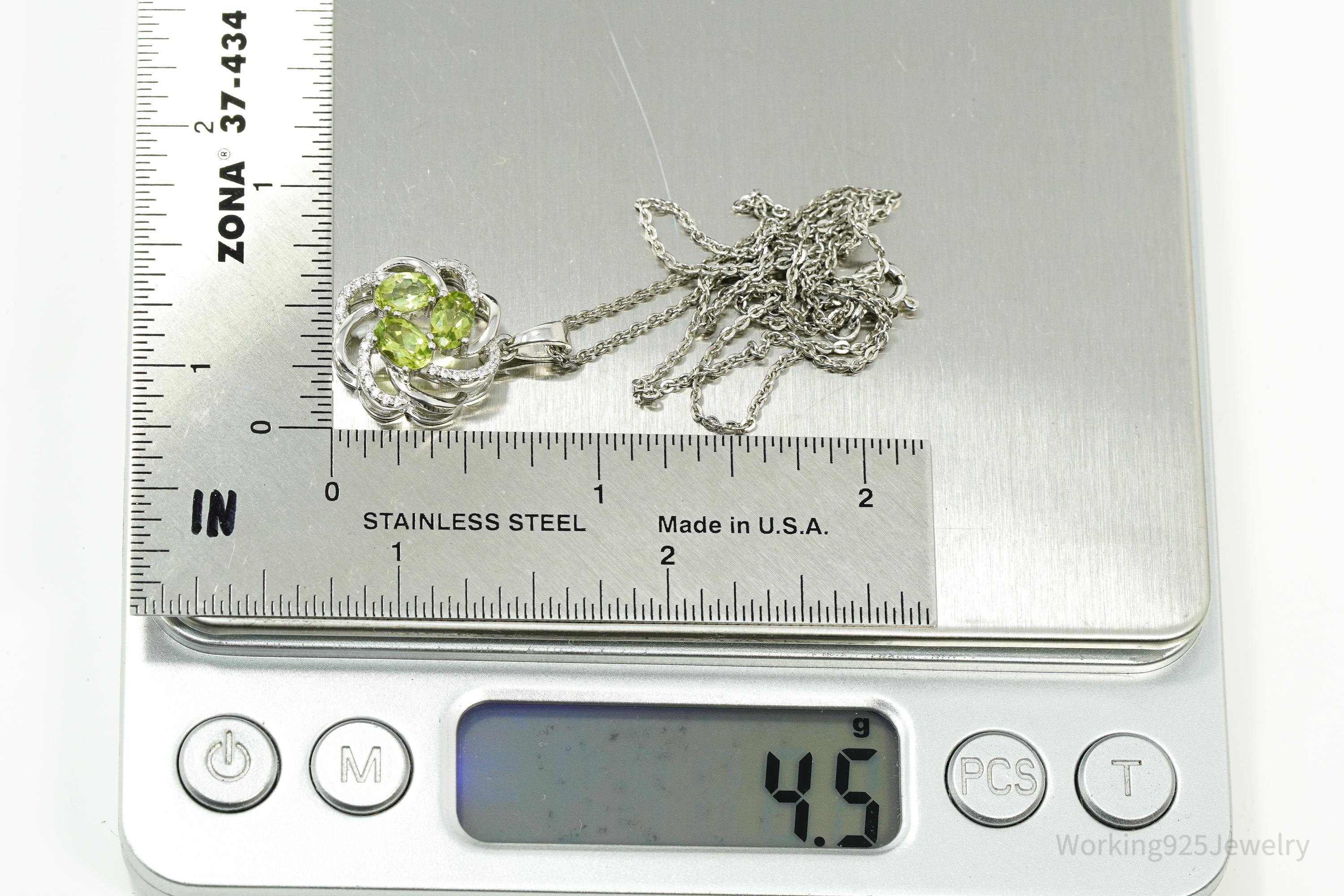 Vintage Peridot & Cubic Zirconia Sterling Silver Necklace 18"