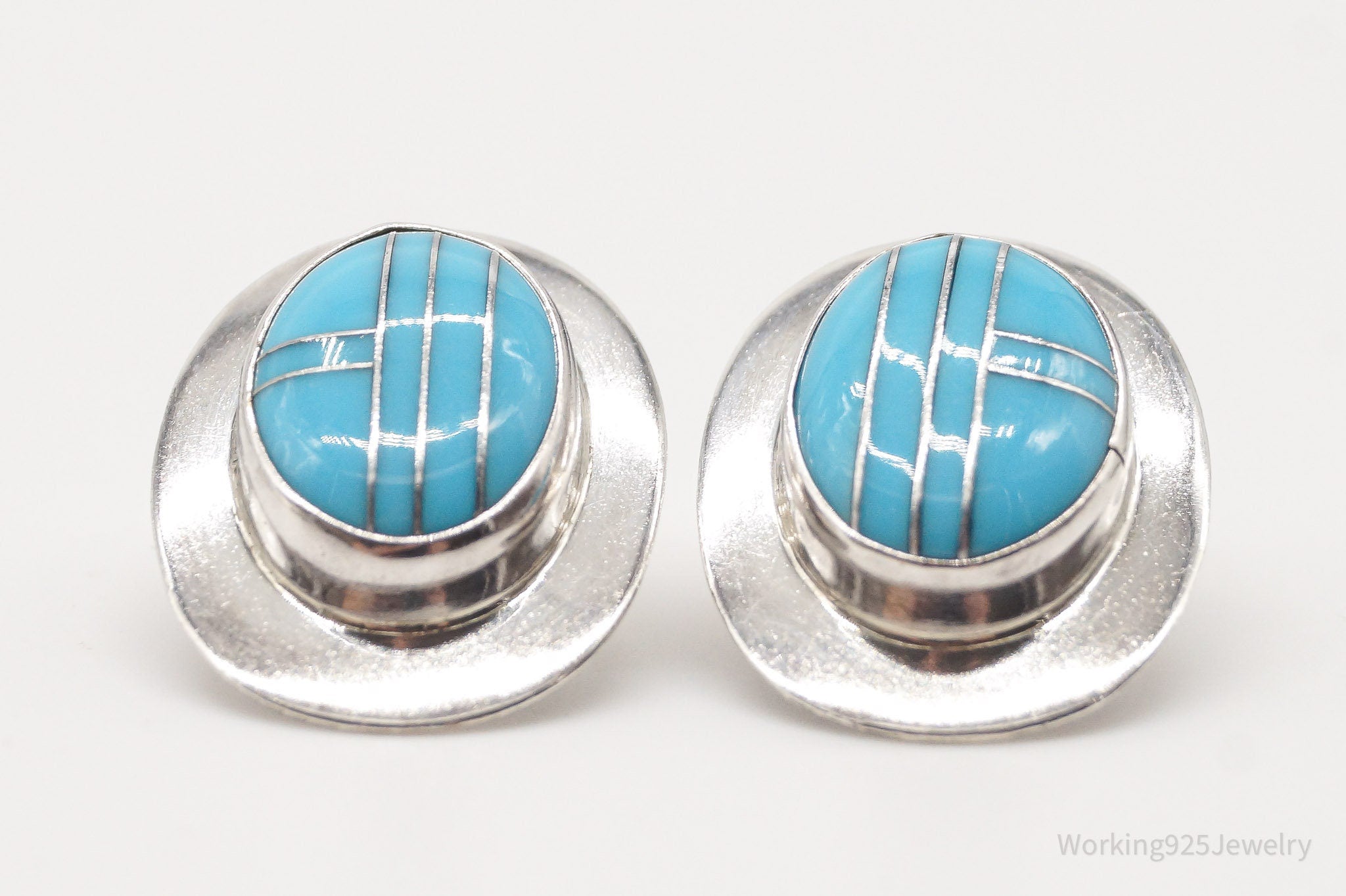 Vintage Native American Turquoise Inlay Sterling Silver Earrings