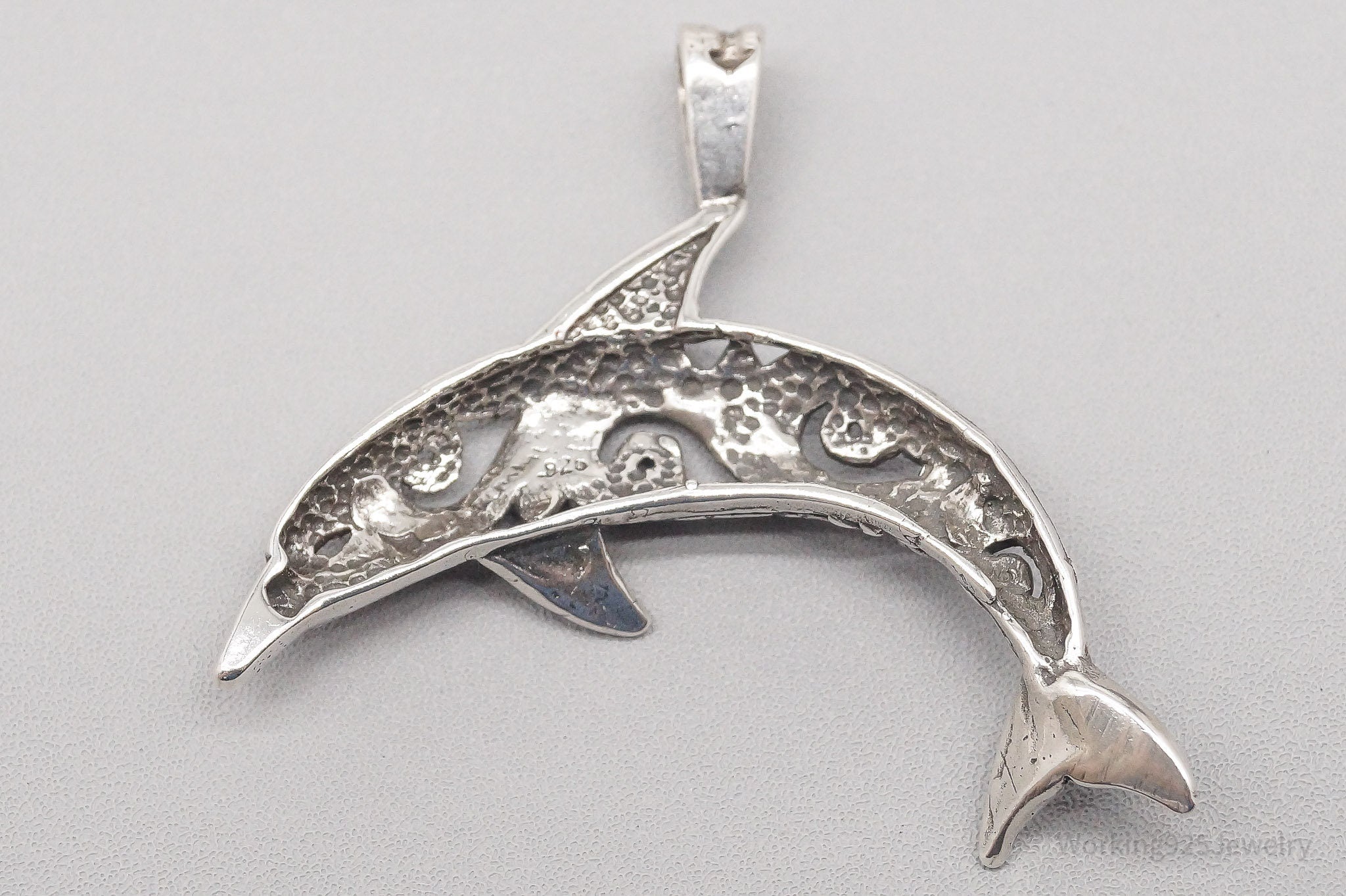 Vintage Large Scroll Dolphin Sterling Silver Pendant