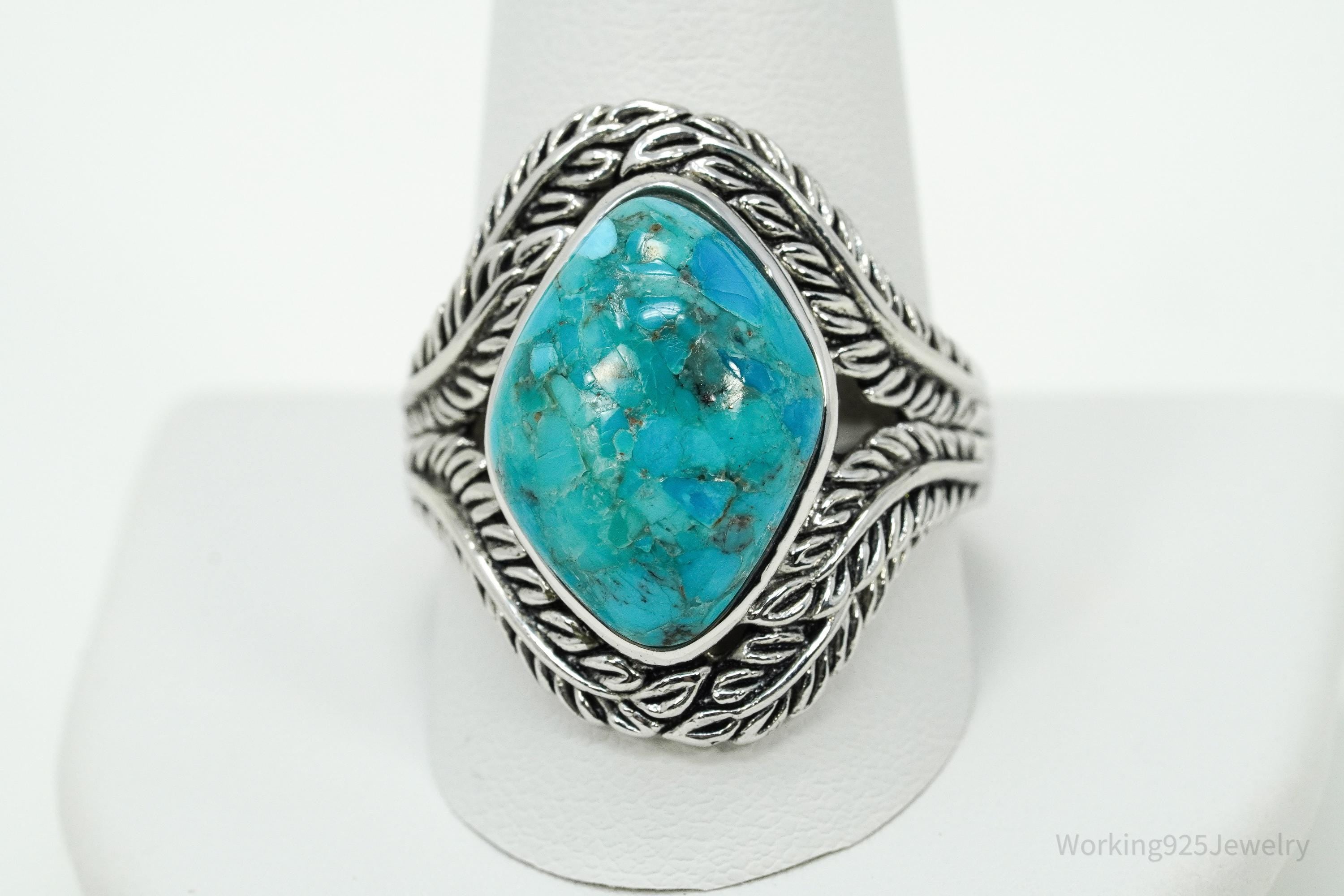 Designer BBJ Turquoise Wrapped Feathers Leaves Design Sterling Silver Ring - Size 12