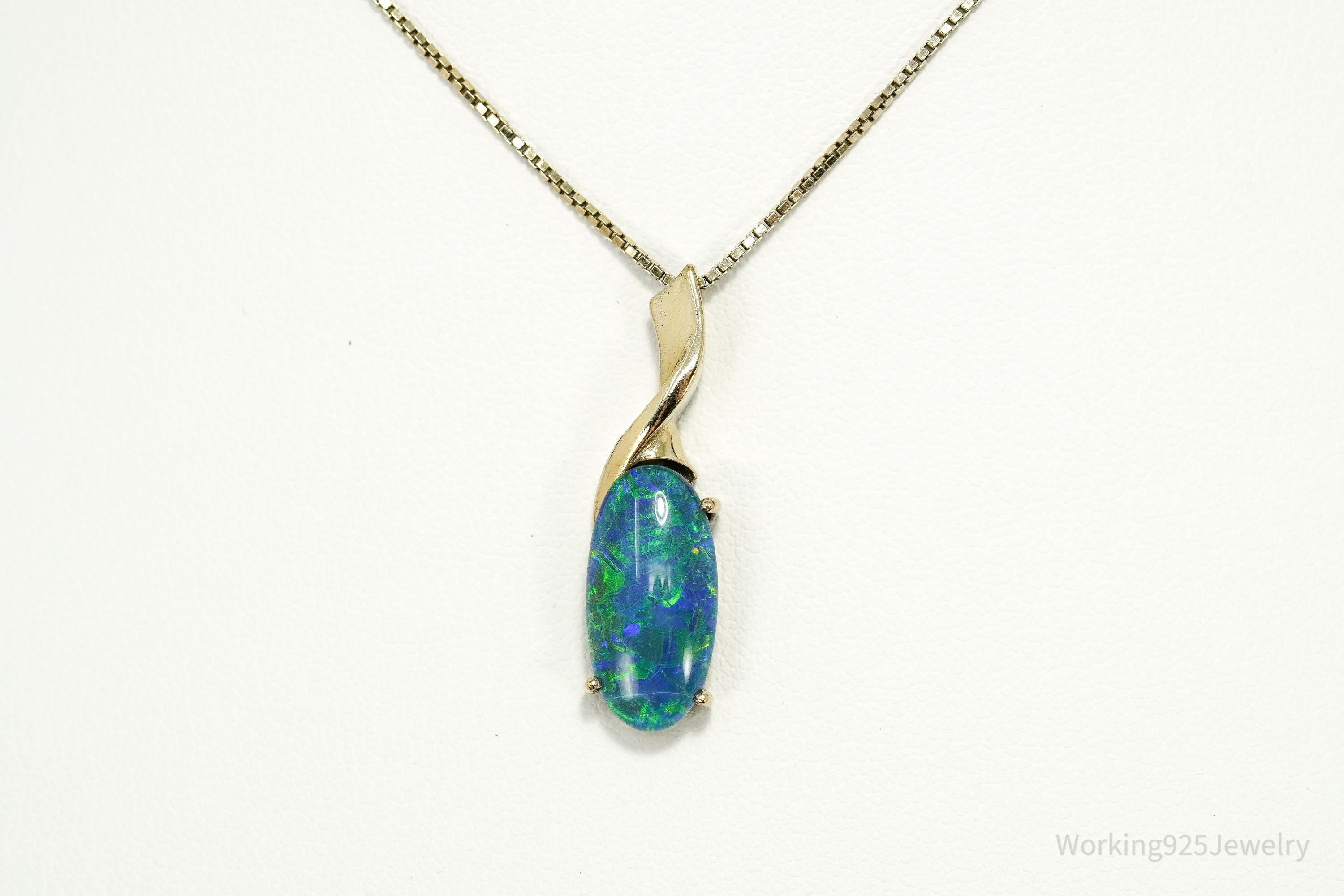 Vintage Blue Opal Triplet Gold Vermeil Sterling Silver Necklace 18"