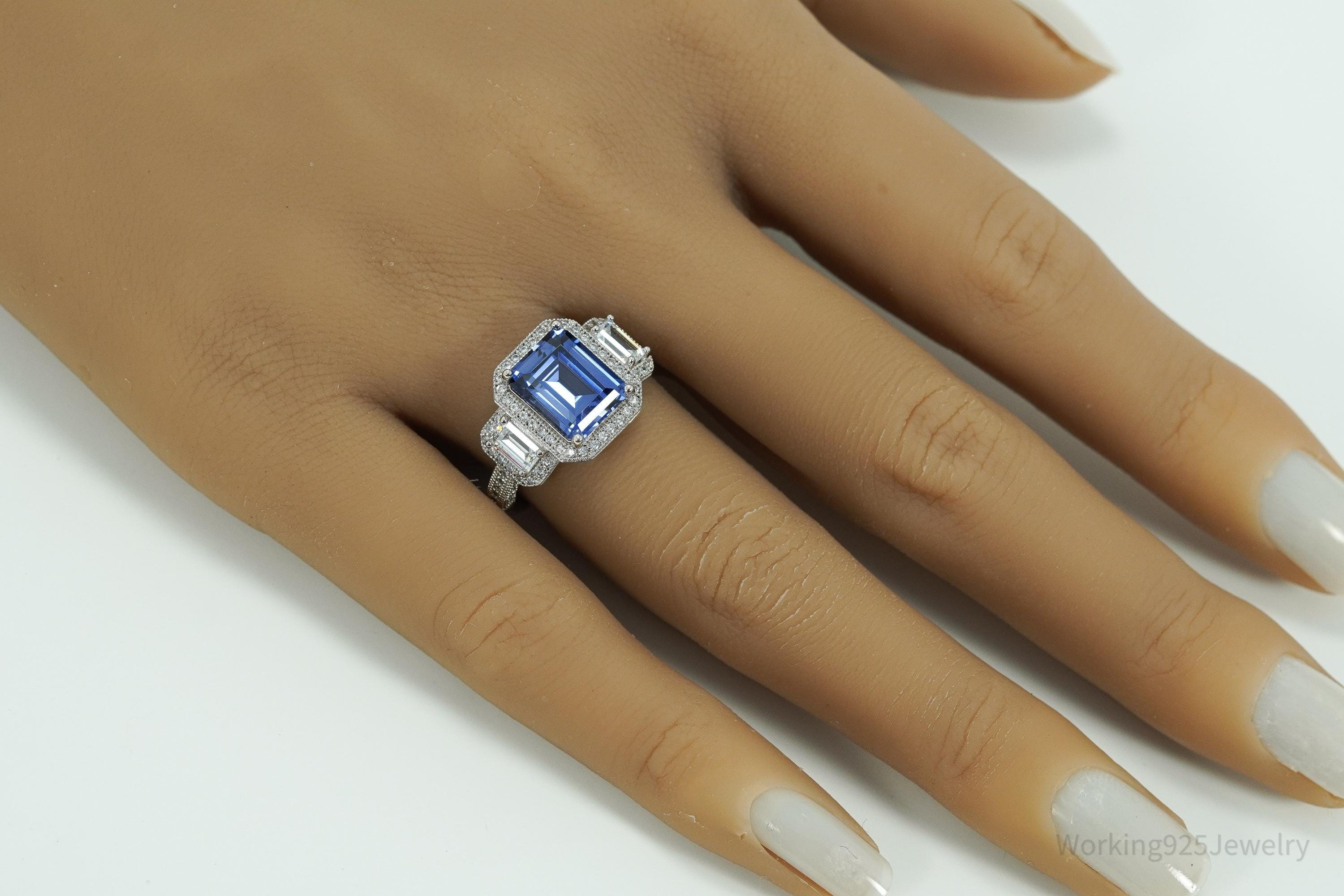 Blue Lab Sapphire & White Cubic Zirconia Sterling Silver Ring - Size 7.25