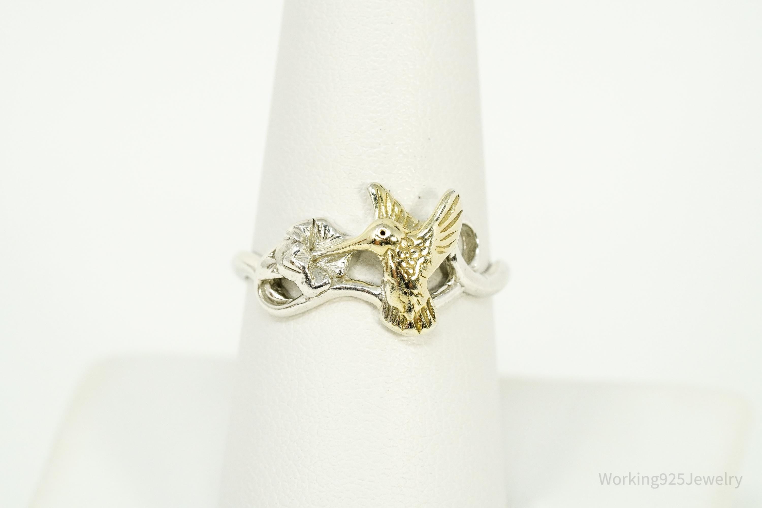 Vintage Gold Vermeil Sterling Silver Humming Bird & Flower Ring - Size 8.75