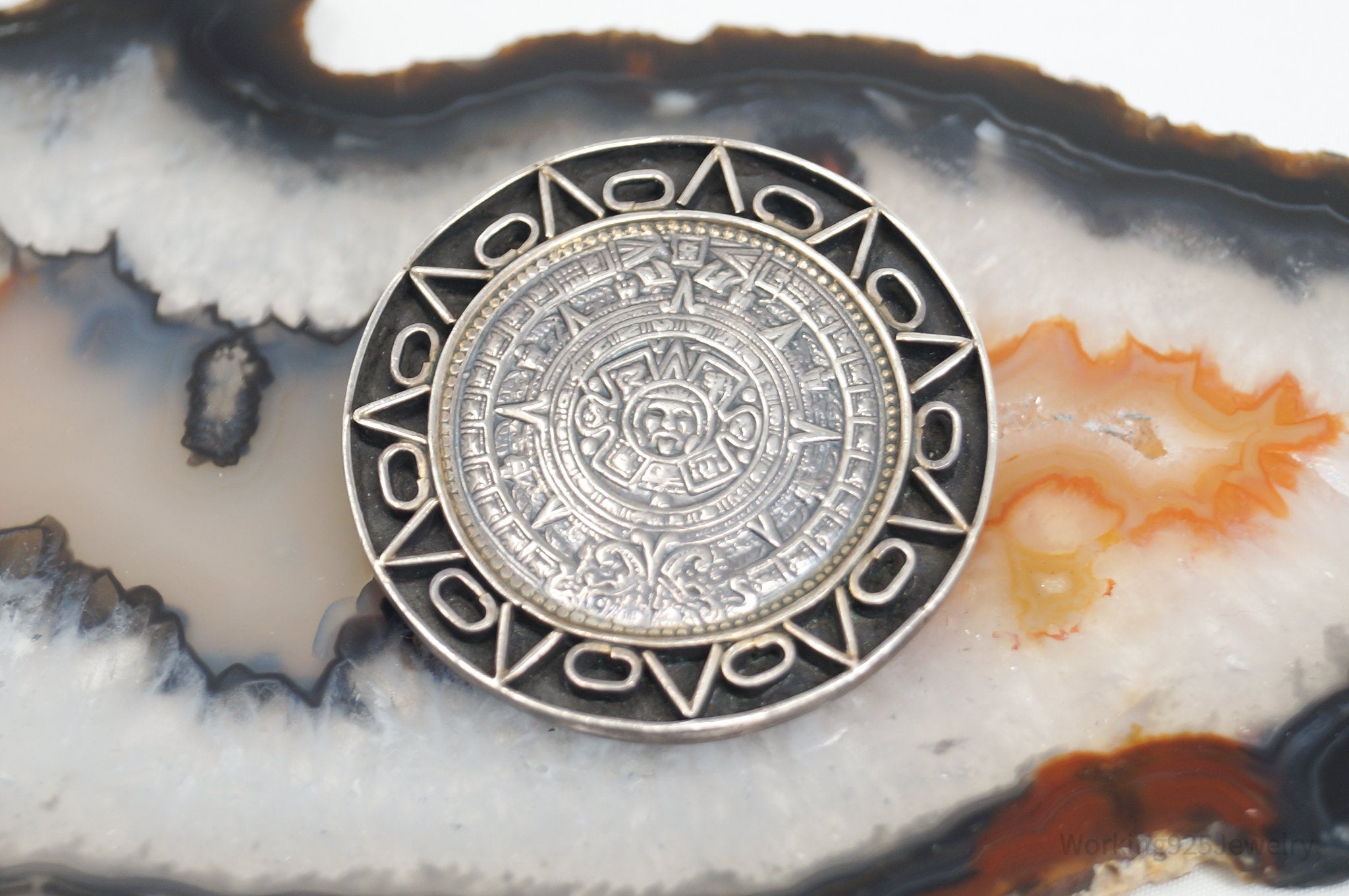 Vintage Taxco Mexico Large Aztec Sun Calendar Sterling Silver Brooch Pin